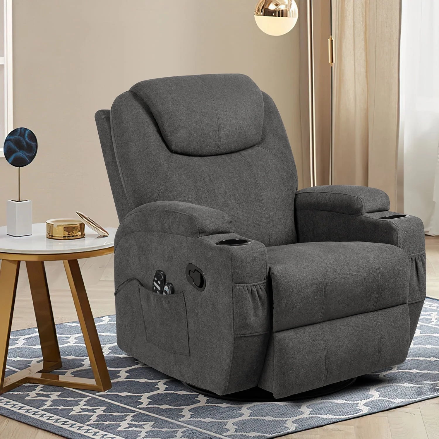 Swivel Rocking Recliner Chair Massage Fabric 360 Swivel Rocker Recliner Living Room Chair Home Theater Seating,Fabric Gray Single Sofa Chair