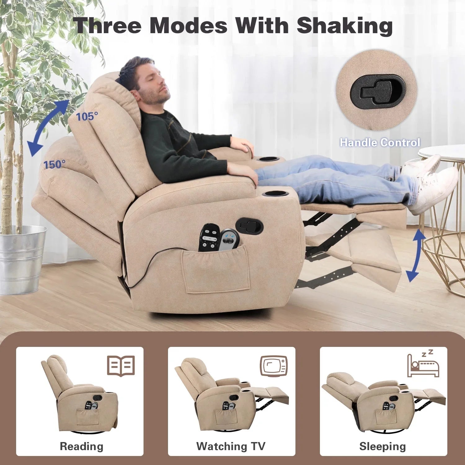 Swivel Rocking Recliner Chair Massage Fabric 360 Swivel Rocker Recliner Living Room Chair Home Theater Seating,Fabric Beige