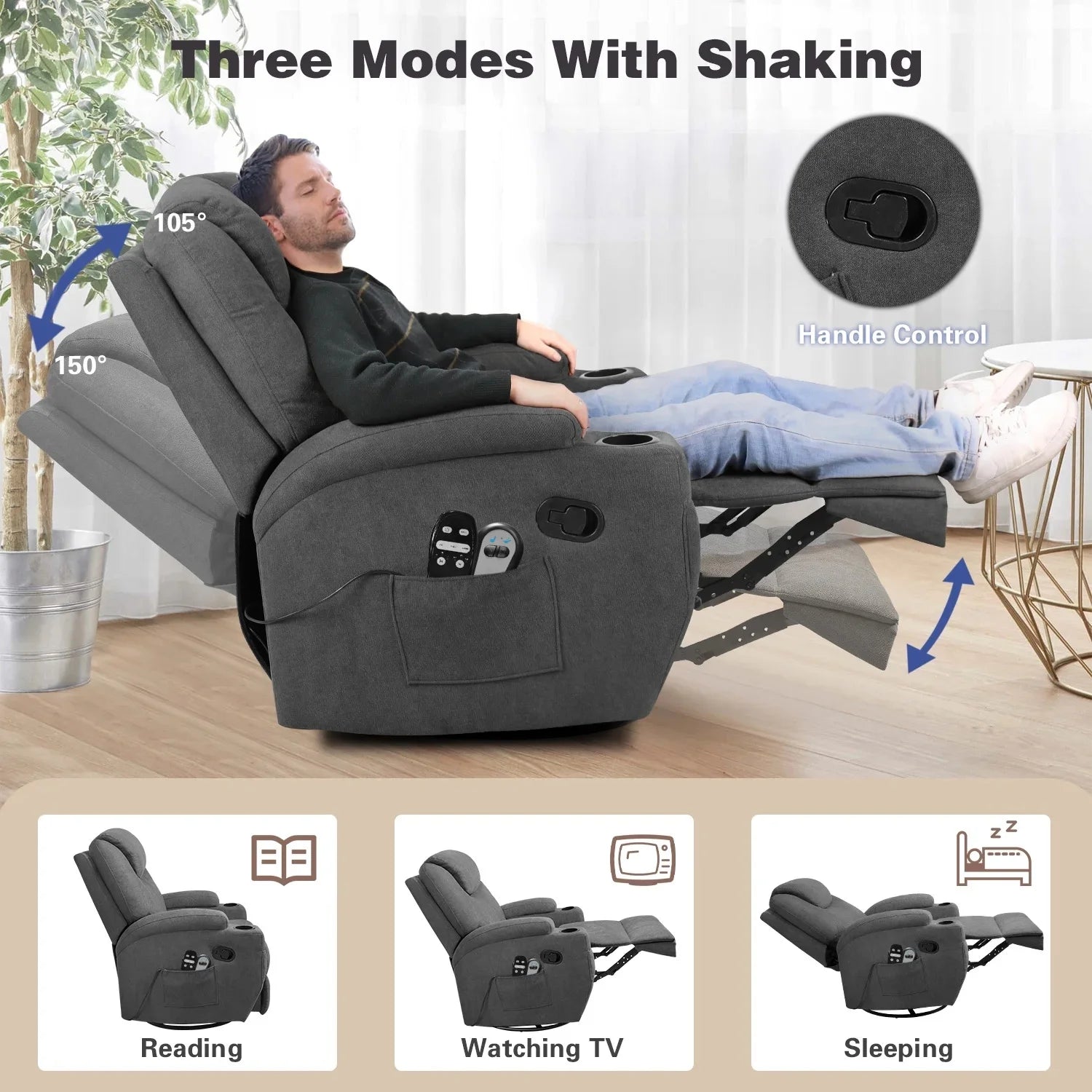 Swivel Rocking Recliner Chair Massage Fabric 360 Swivel Rocker Recliner Living Room Chair Home Theater Seating,Fabric Gray Single Sofa Chair