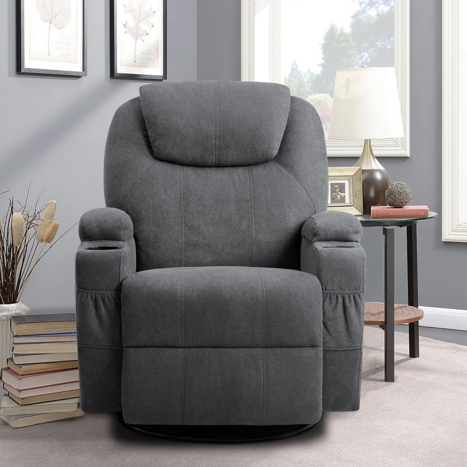 Swivel Rocking Recliner Chair Massage Fabric 360 Swivel Rocker Recliner Living Room Chair Home Theater Seating,Fabric Gray Single Sofa Chair