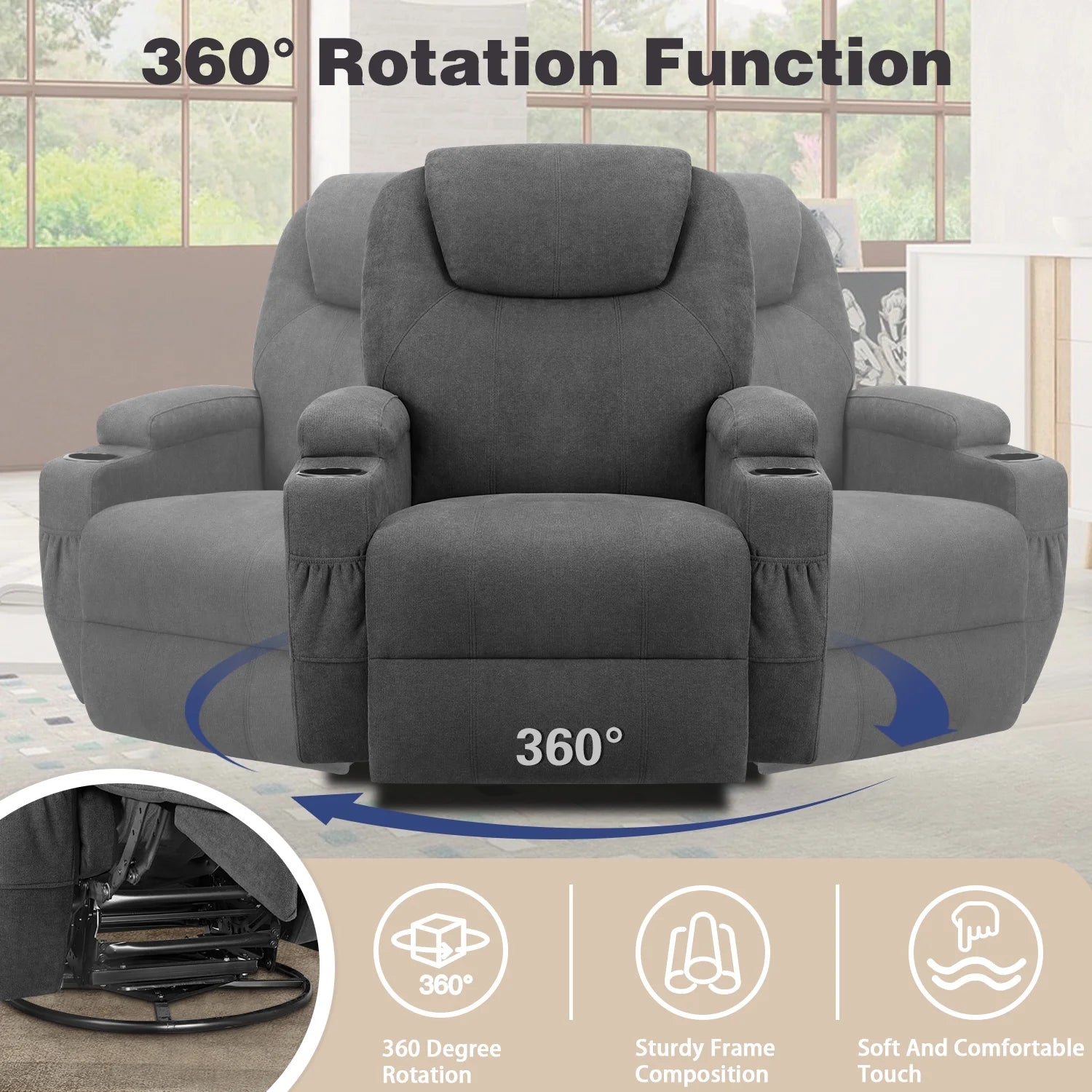 Swivel Rocking Recliner Chair Massage Fabric 360 Swivel Rocker Recliner Living Room Chair Home Theater Seating,Fabric Gray Single Sofa Chair
