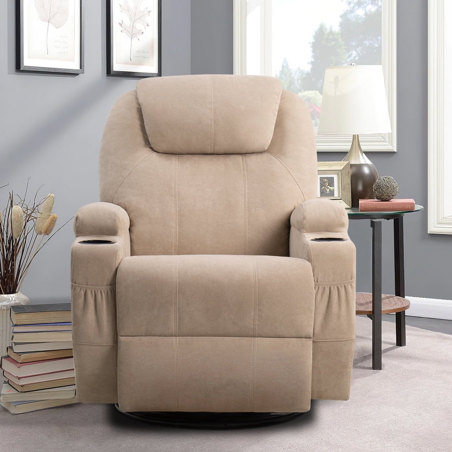 Swivel Rocking Recliner Chair Massage Fabric 360 Swivel Rocker Recliner Living Room Chair Home Theater Seating,Fabric Beige