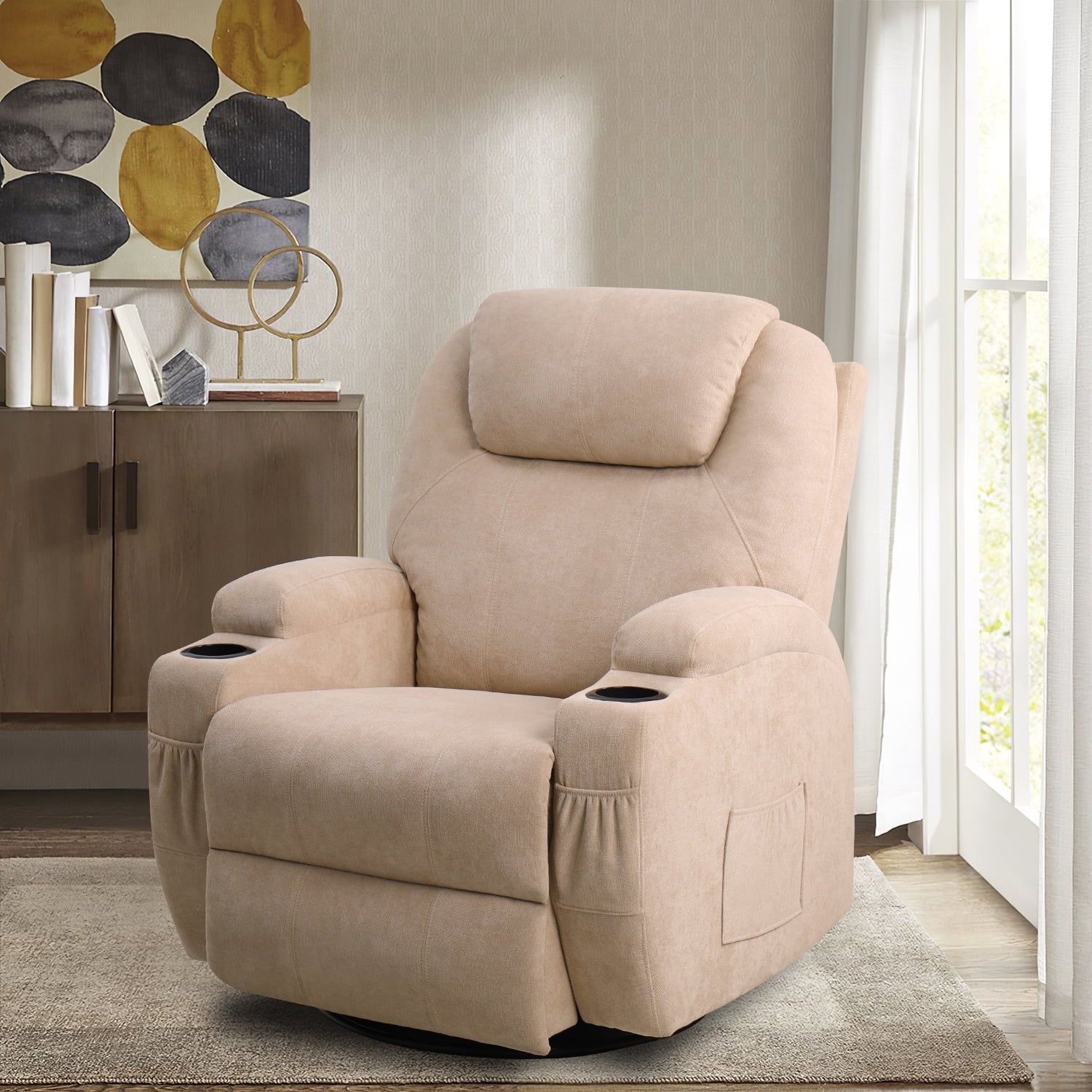 Swivel Rocking Recliner Chair Massage Fabric 360 Swivel Rocker Recliner Living Room Chair Home Theater Seating,Fabric Beige
