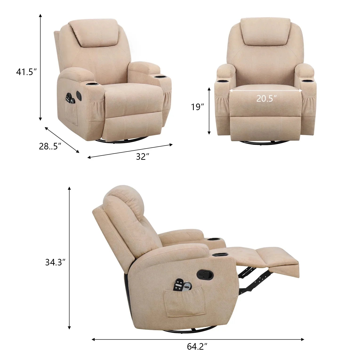 Swivel Rocking Recliner Chair Massage Fabric 360 Swivel Rocker Recliner Living Room Chair Home Theater Seating,Fabric Beige
