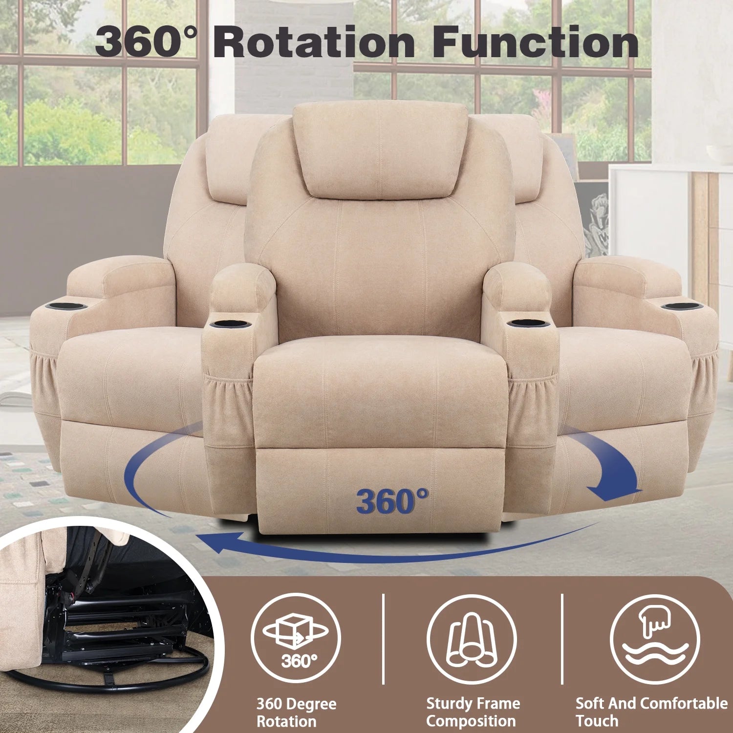 Swivel Rocking Recliner Chair Massage Fabric 360 Swivel Rocker Recliner Living Room Chair Home Theater Seating,Fabric Beige