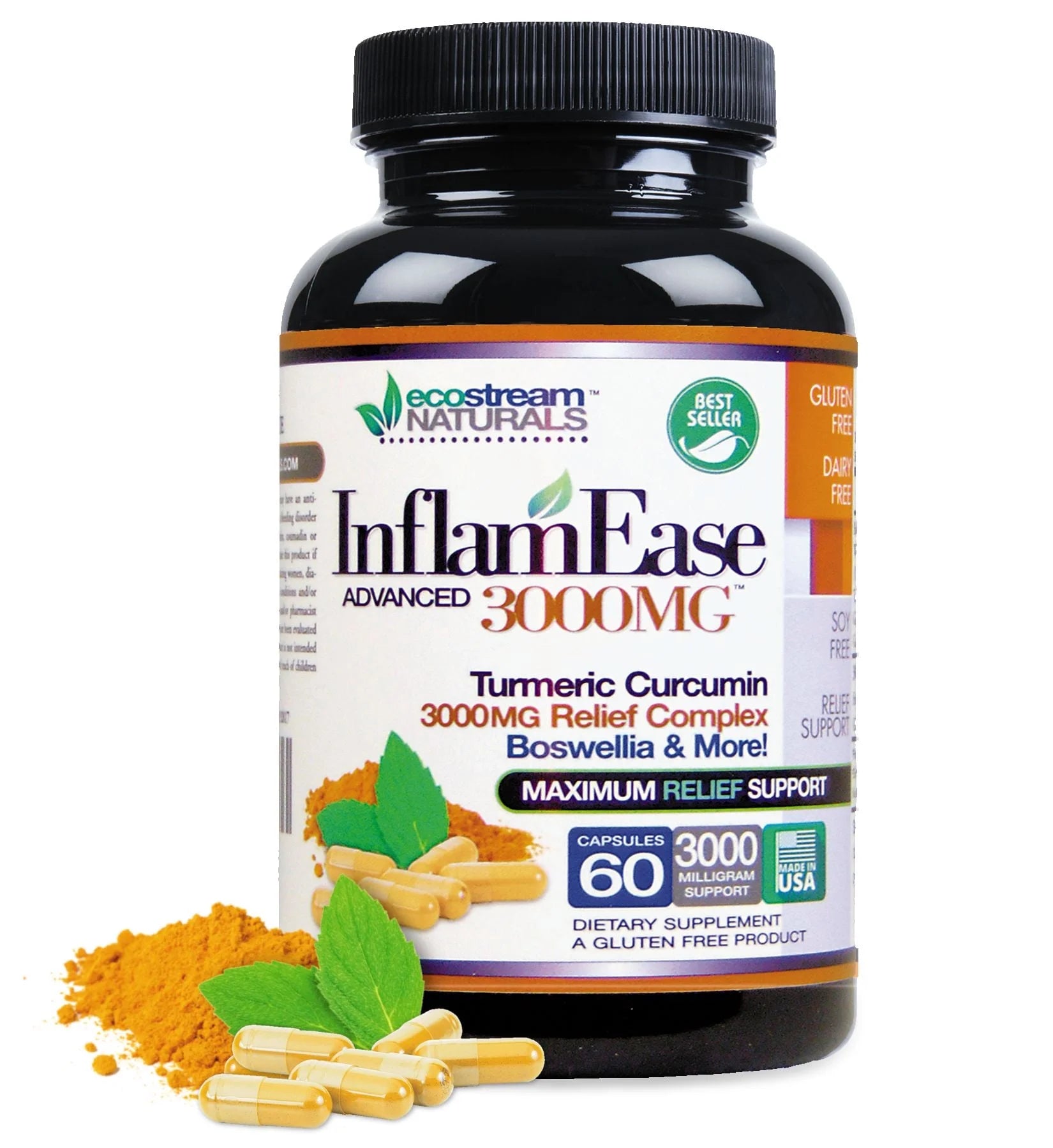 All Natural Inflamease Turmeric Curcumin plus by  - Maximum Support 3000 Mg, Gluten-Free - 60 Supplement Pills