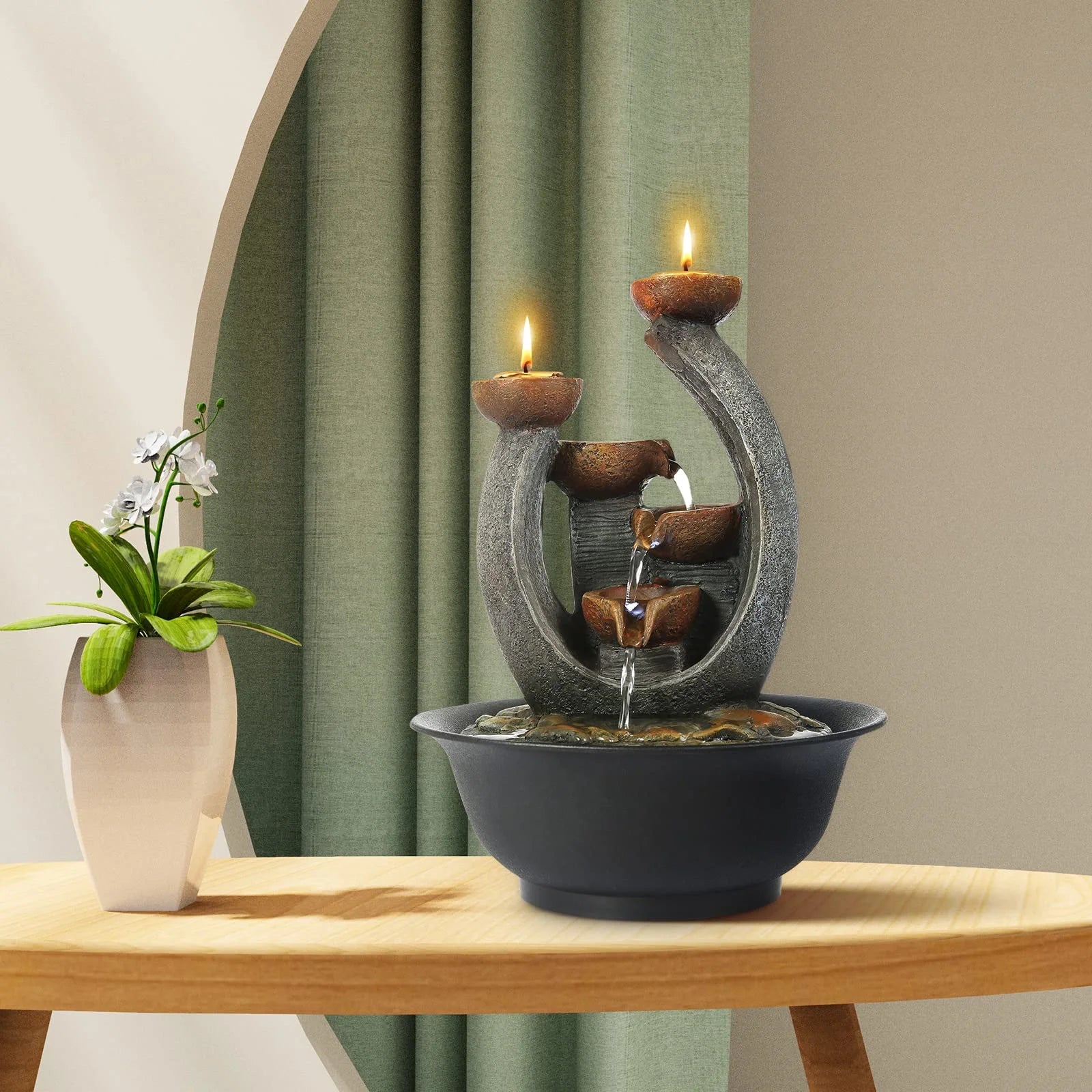 3 Tier Tabletop Waterfall Fountain with Candle Holder,Water Fountain Indoor Home