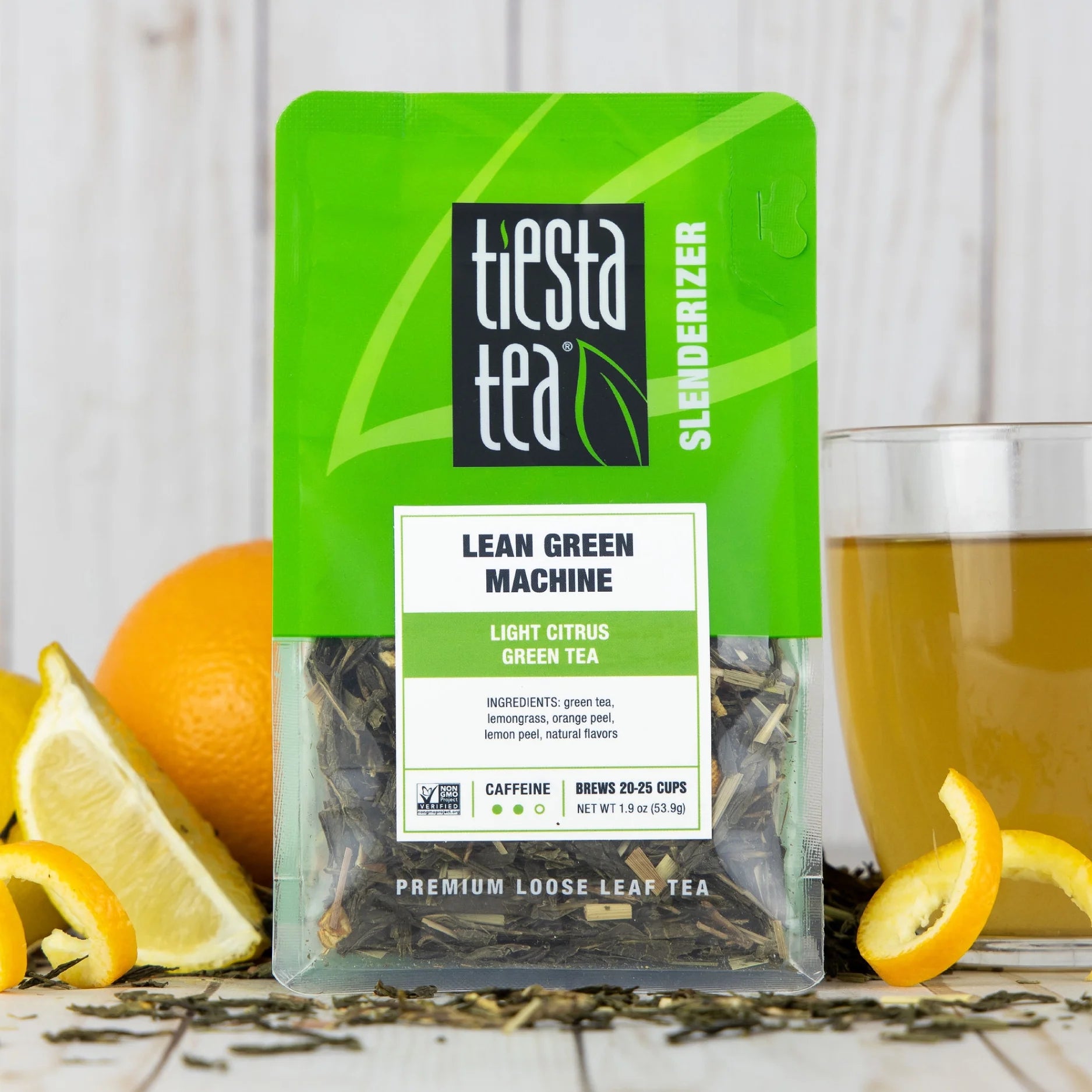 - Lean Green Machine, Slenderizer Loose Leaf Green Tea, Light Citrus Green Tea, Medium Caffeine, Gmo-Free, Make Hot or Iced Tea & Brews up to 25 Cups - 1.9 Ounce Resealable Pouch