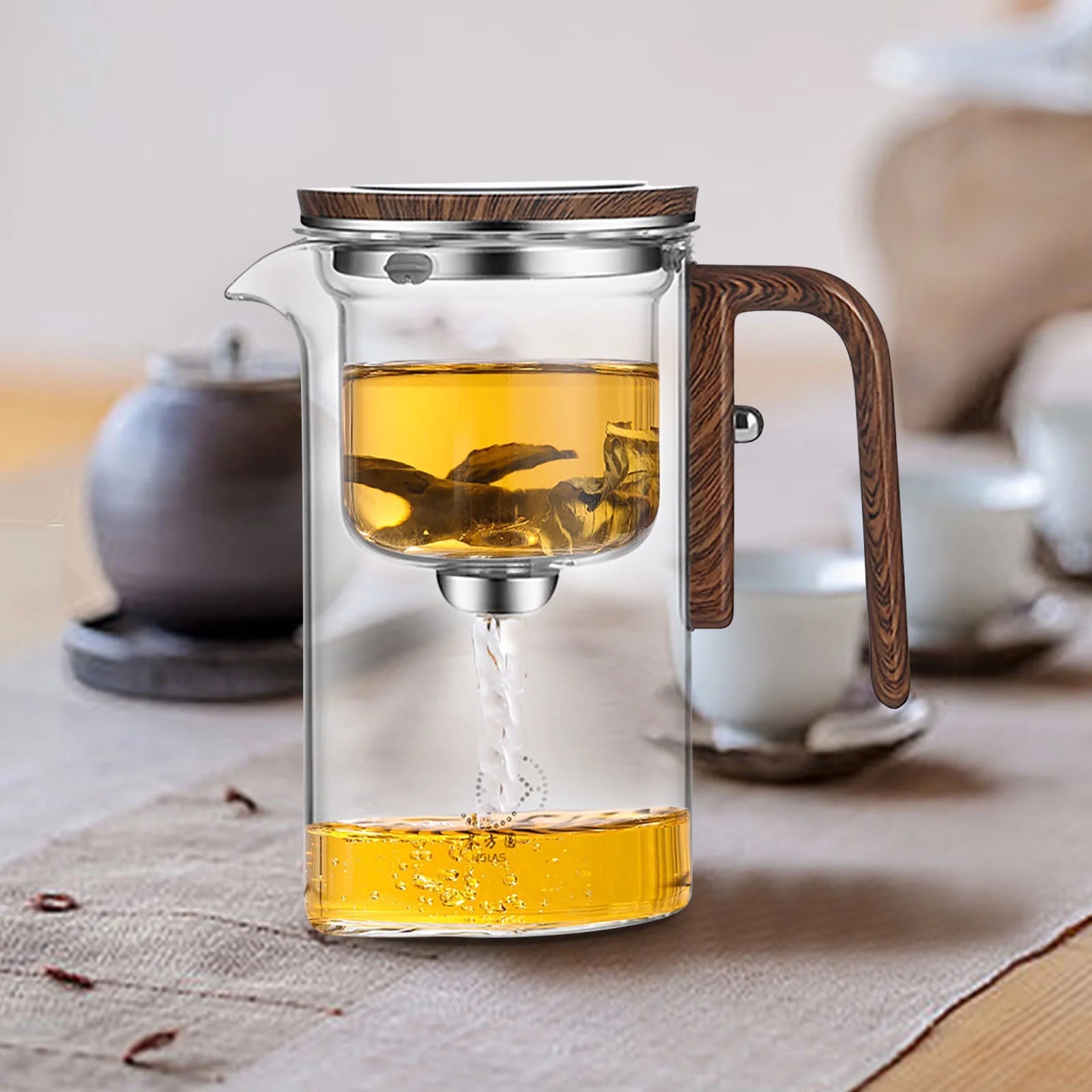 Water Separation Glass Teapot with Wooden Handle, Witchcraft Teapot, Magical Teapot, Glass Teapot with Infuser, Glass Teapot with Strainer, Glass Inner Bladder Magnetic Suction Floating Cup