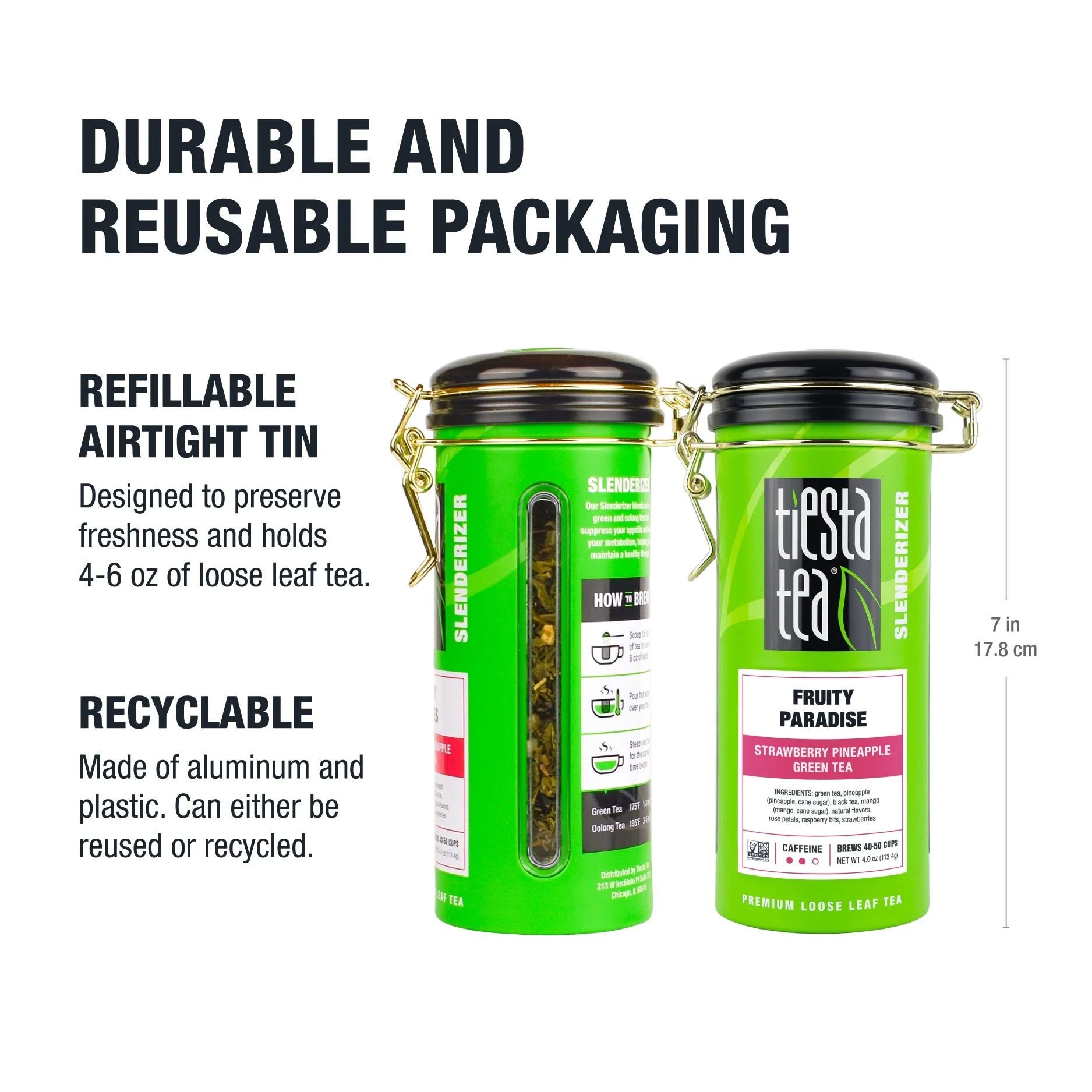 - Fruity Paradise, Slenderizer Loose Leaf Green Tea, Strawberry Pineapple Green Tea, Medium Caffeine, Gmo-Free, Make Hot or Iced Tea & Brews up to 50 Cups - 4 Ounce Refillable Tin