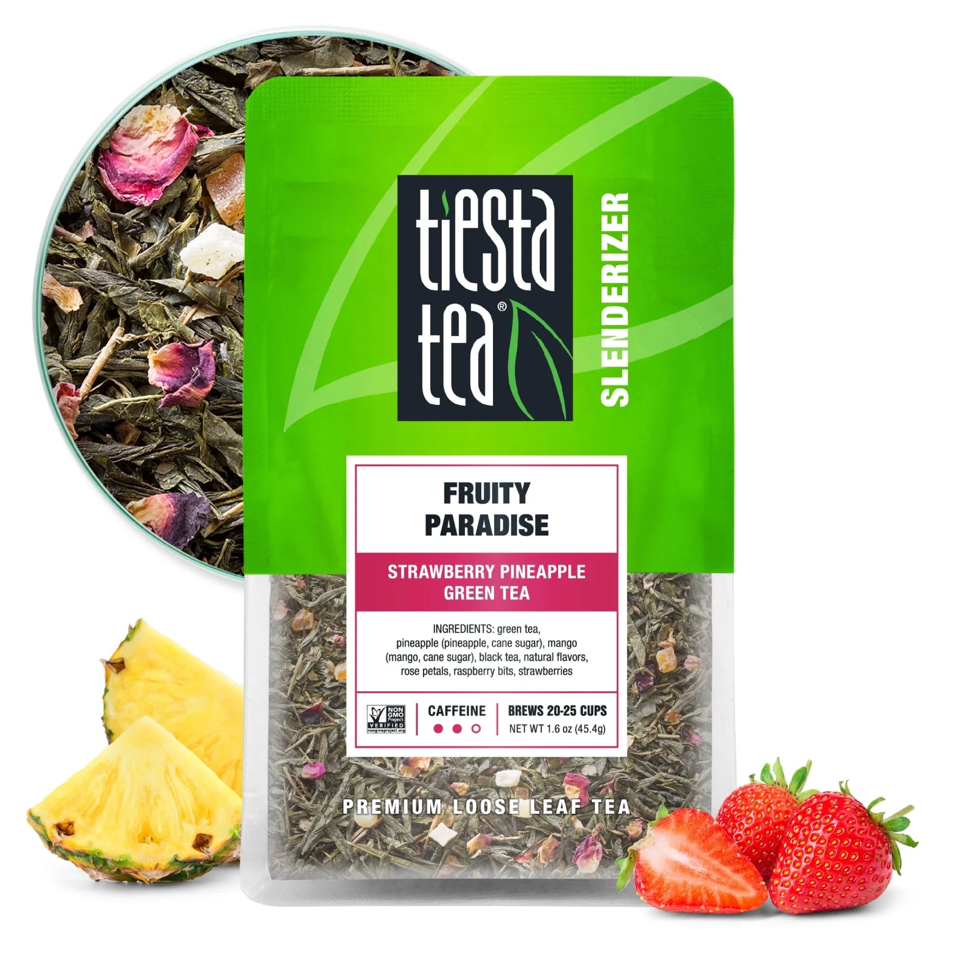 - Fruity Paradise, Slenderizer Loose Leaf Green Tea, Strawberry Pineapple Green Tea, Medium Caffeine, Gmo-Free, Make Hot or Iced Tea & Brews up to 25 Cups - 1.6 Ounce Resealable Pouch