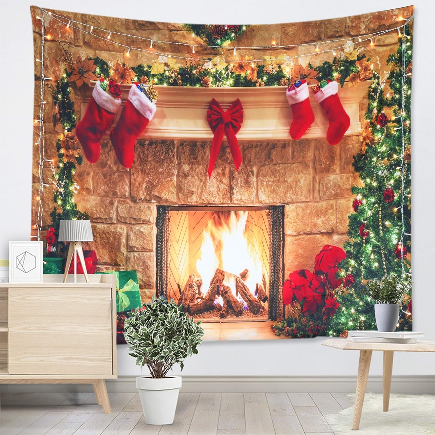 Christmas Tapestry Fireplace Xmas Wall Tapestry Tree Stocking Gift Box Tapestry Wall Hanging for Party Livingroom Bedroom Dorm Home Decor W59 X L51