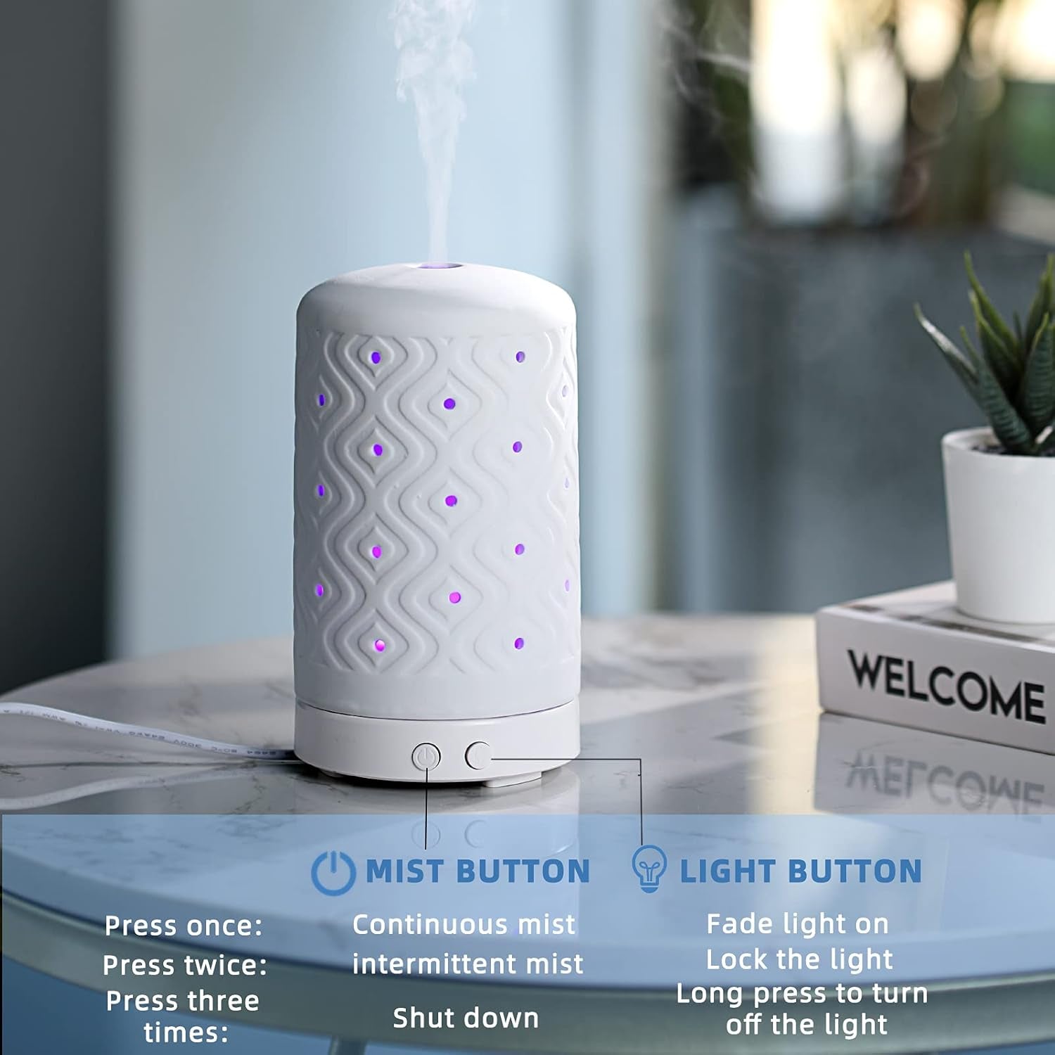 Ceramic Essential Oil Diffuser with 7-Color LED Lighting and Auto Shut-Off Safety Feature - White