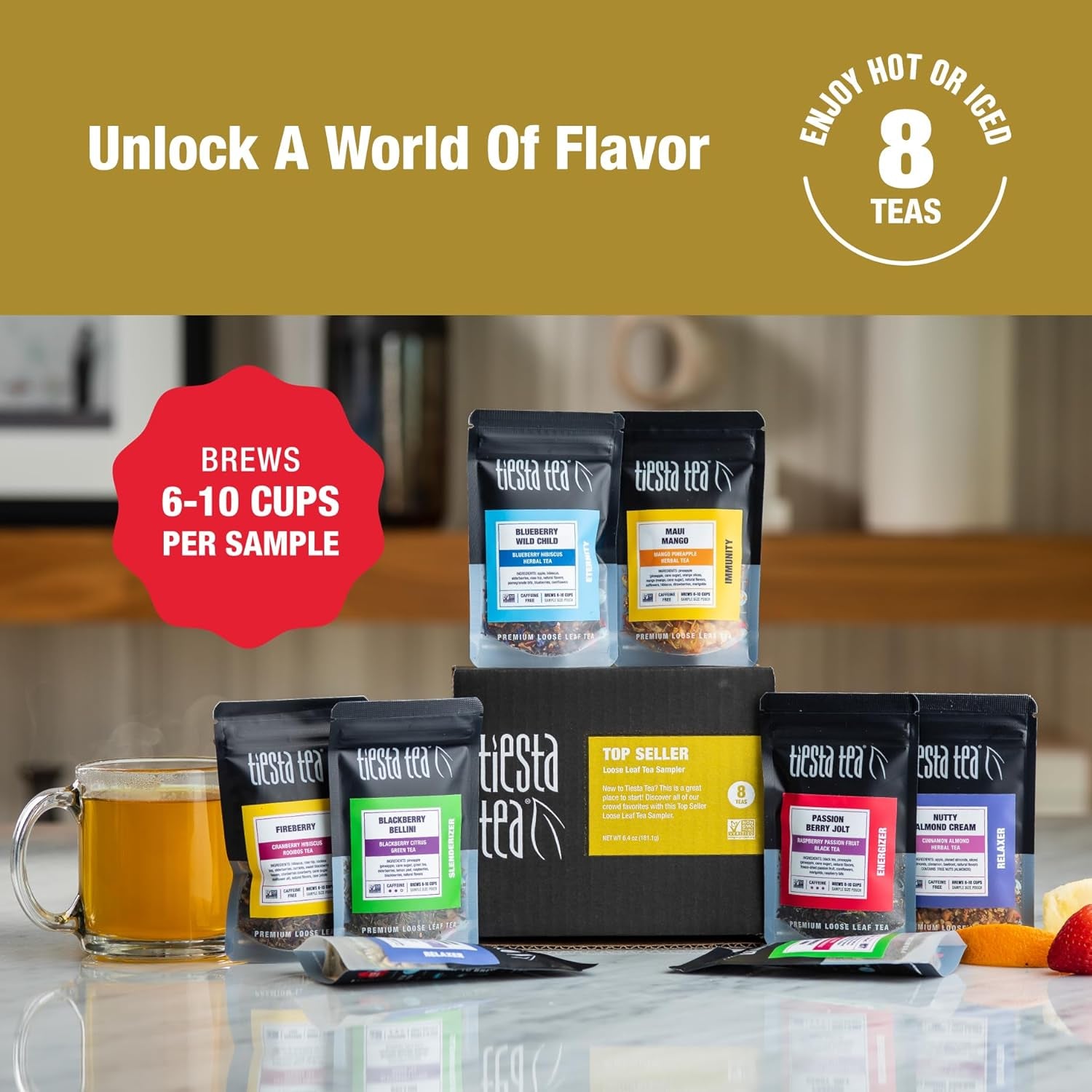 - Top 8 Favorites Sampler Set, Loose Leaf, up to 80 Cups, High to No Caffeine, Hot & Iced, Tea Variety Pack with Green, Herbal, Black & Chai Brew, 8 Sample Pouches