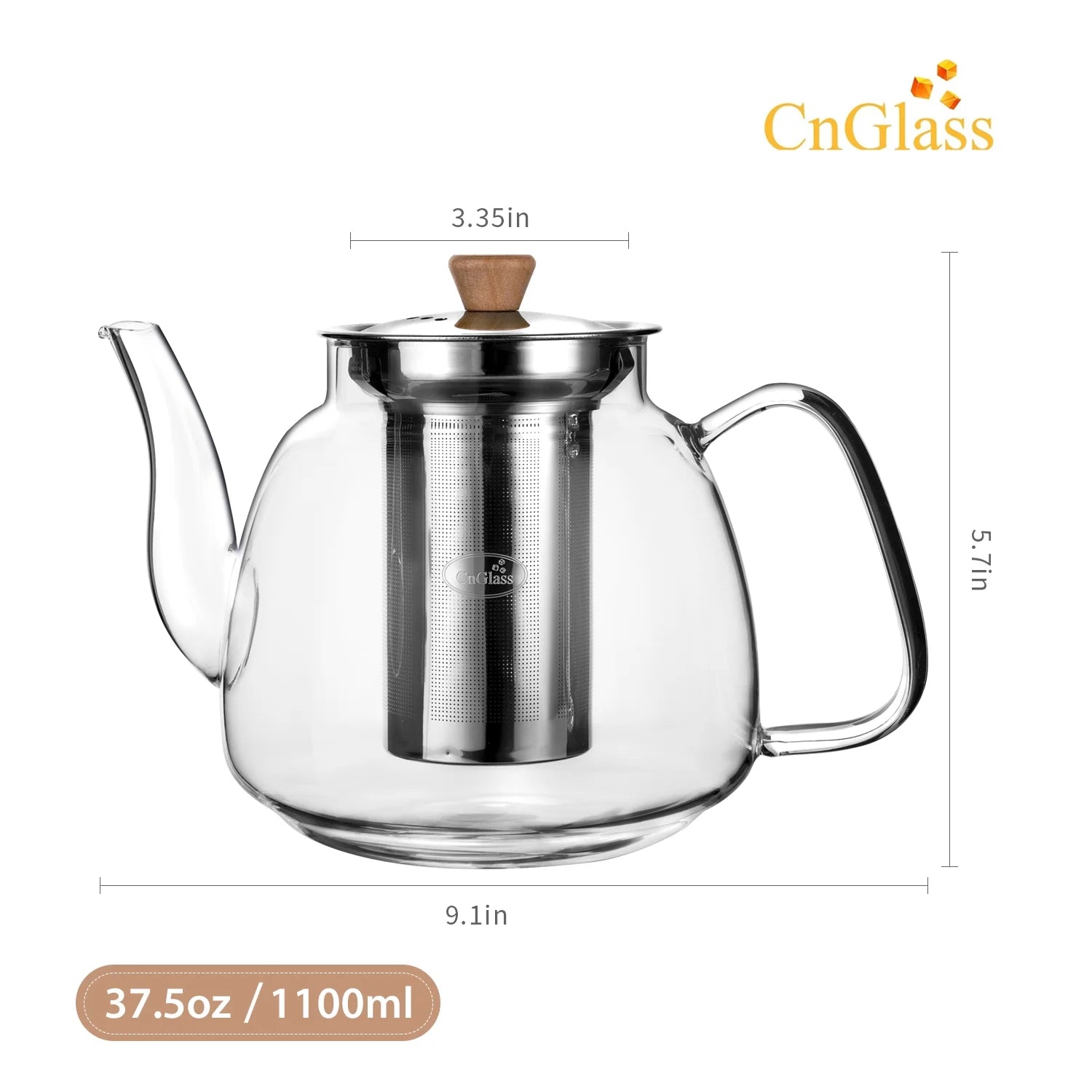 37.5Oz/1100Ml Glass Teapot with Infuser, Clear Glass Tea Kettle with Removable Stainless Steel Strainer, Stovetop Safe Glass Teapot for Blooming and Loose Leaf Tea