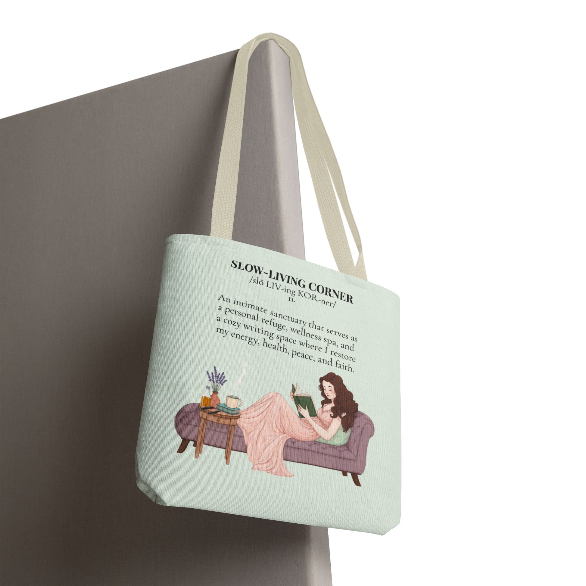Slow-Living Corner Tote Bag — Cozy Self-Care AOP Canvas Tote with Faith Quotes (Mint Green)