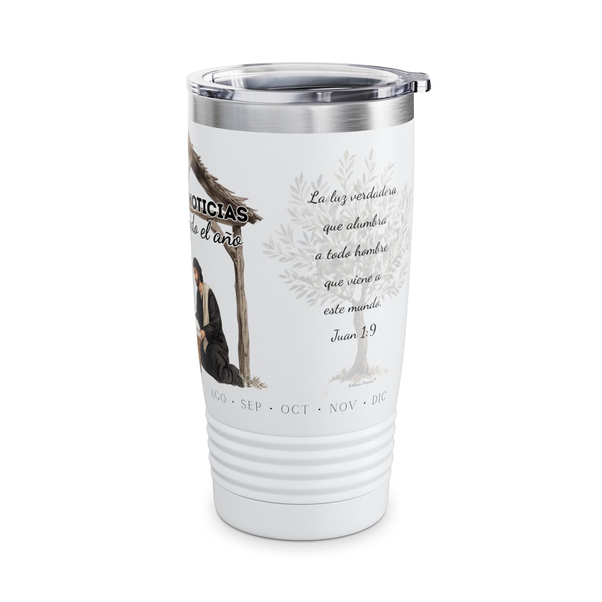 Nativity Ringneck Tumbler Year Round Use— Spanish "¡Las buenas noticias se celebran todo el año!" 20oz