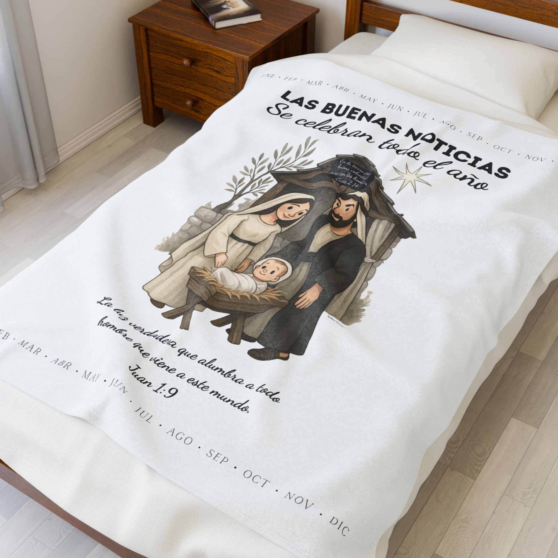 Nativity Year Round Velveteen Blanket - (White Color)  "Las Buenas Noticias" Spanish Nativity Throw