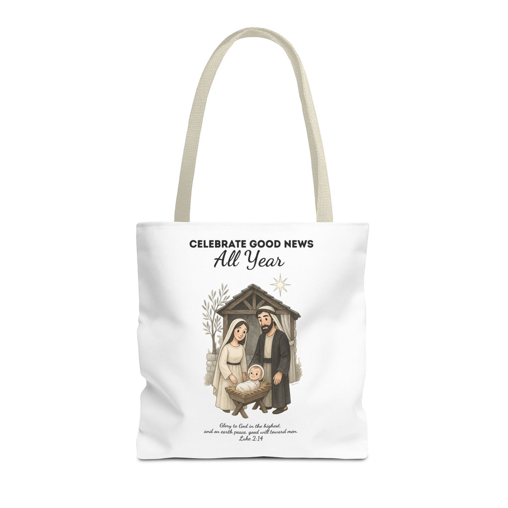 Nativity Tote Bag Year Round — (White Color) "Celebrate Good News All Year" Nativity Tote