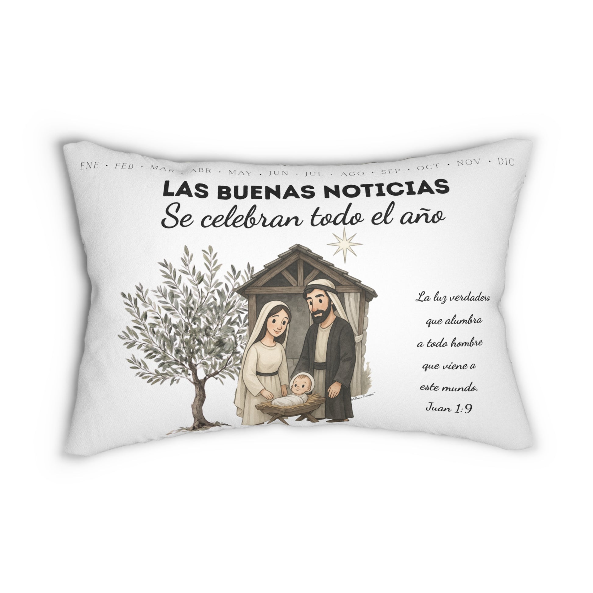 Nativity Lumbar Pillow — "Las Buenas Noticias" Spanish Year Round Christmas Decor with Bible Verse