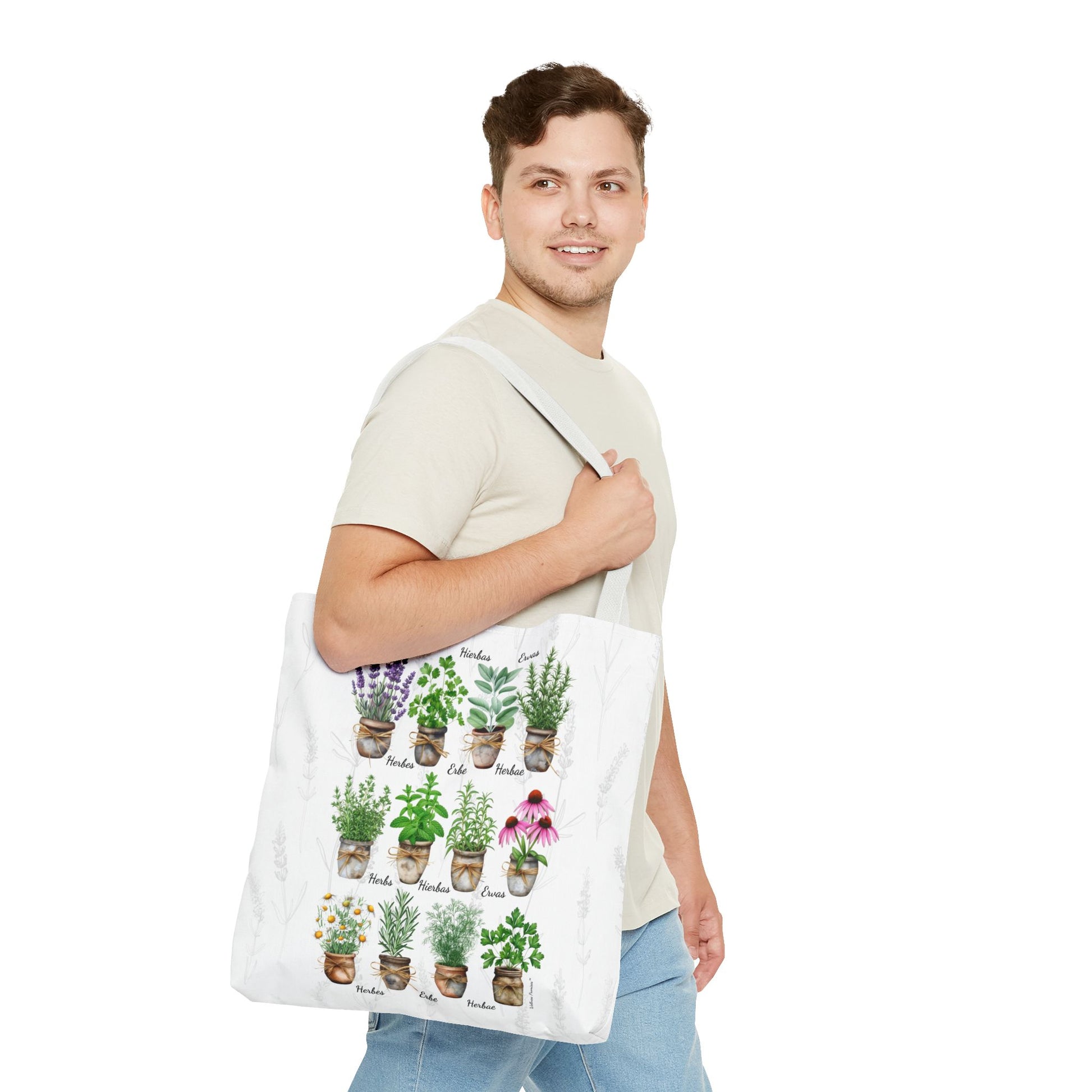 6 Language Watercolor Herbal Garden Tote Bag | Botanical Shopping Tote | Eco-Friendly Grocery Bag, Plant Lover Gift, Garden Decor, Mothers Day