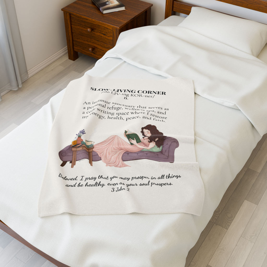 Slow-Living Corner Velveteen Plush Blanket — Cozy Reading Nook Throw with Inspirational Quote (Beige)