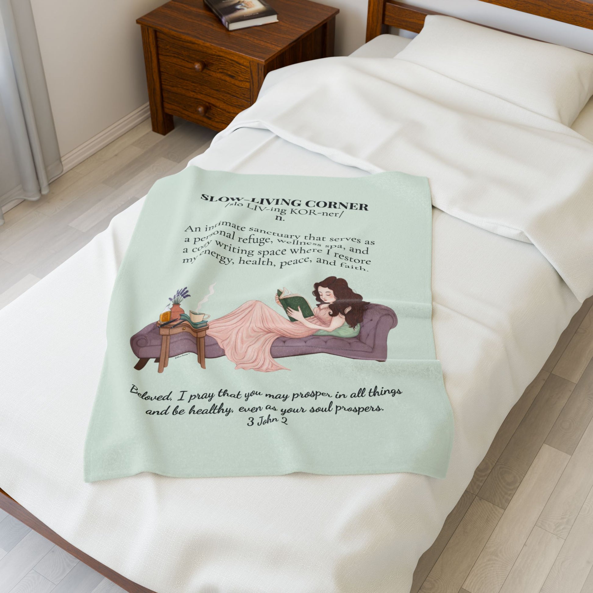 Slow-Living Corner Velveteen Plush Blanket — Cozy Reading Nook Throw with Bible Verse (Mint Green)