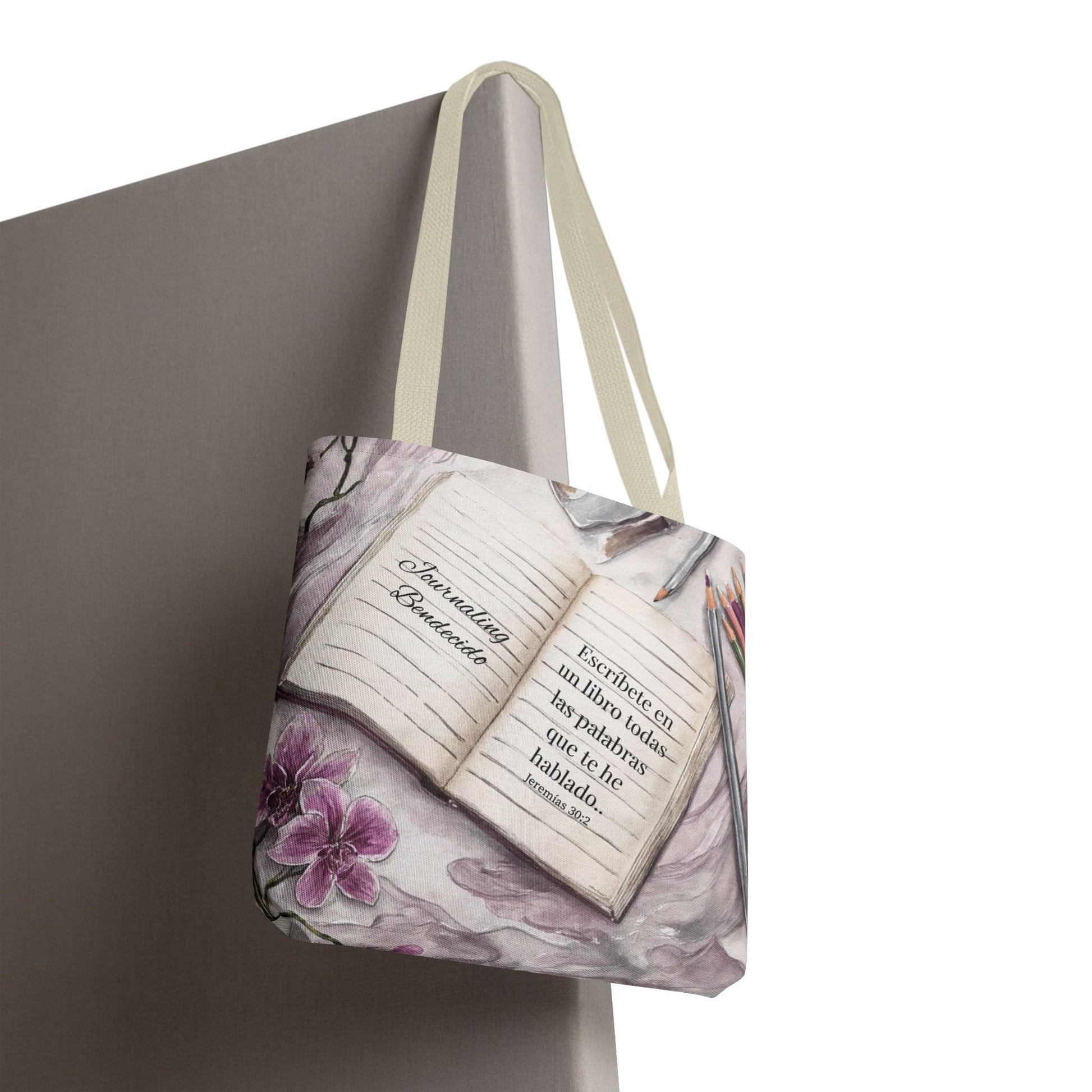 Inspirational Journal Art Tote Bag — "Escribe la Visión" Orchid & Bible Quote Tote (Spanish)