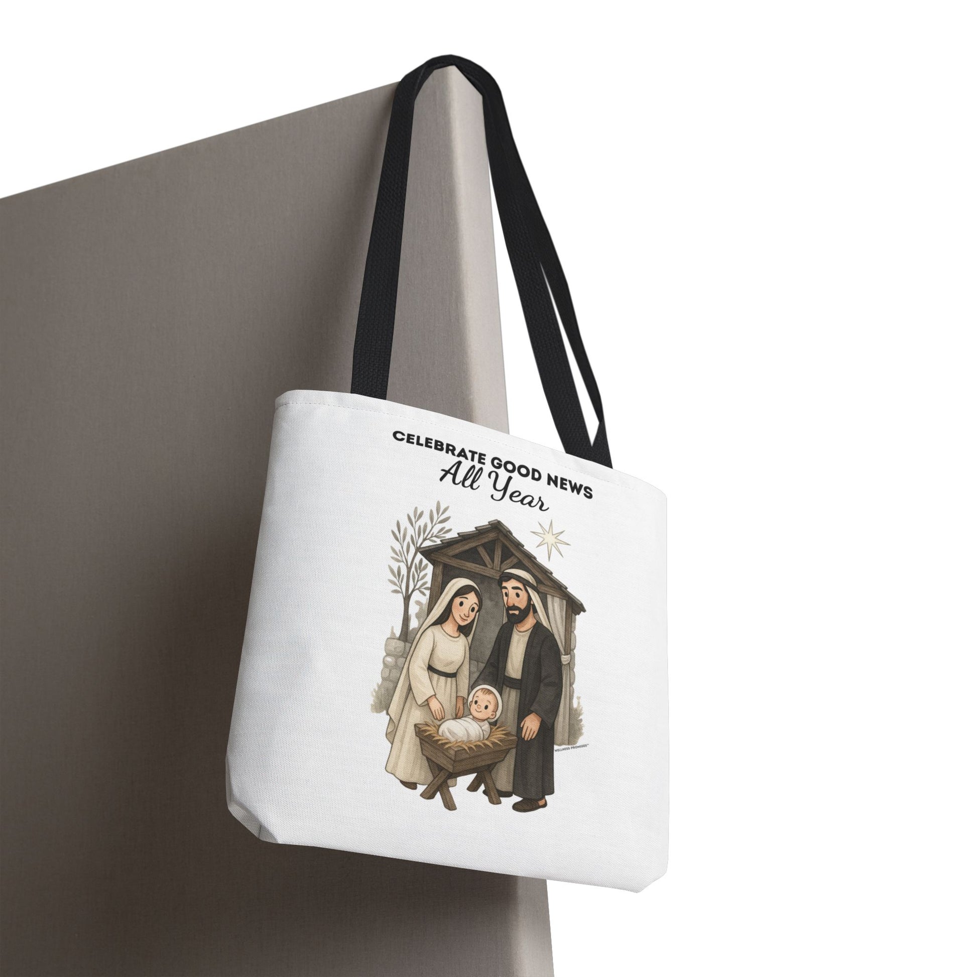 Nativity Tote Bag Year Round — (White Color) "Celebrate Good News All Year" Nativity Tote
