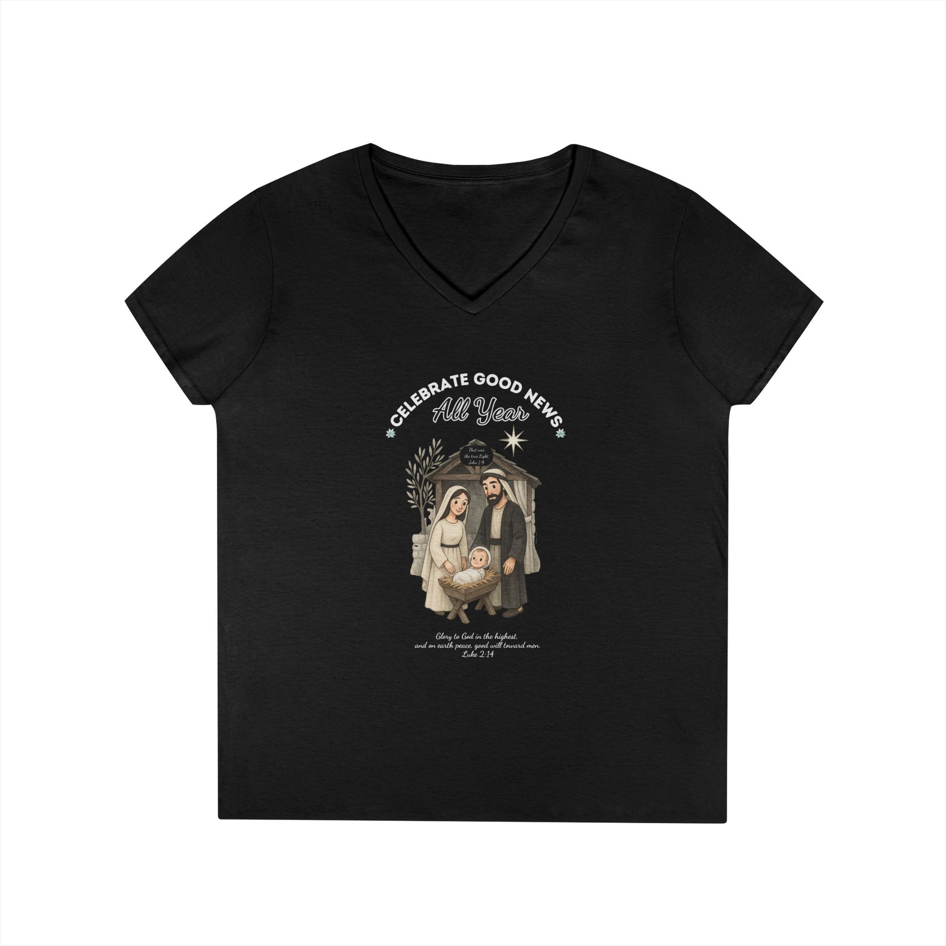 "Celebrate Good News All Year" with Holy Family Nativity Illustration Black Tee - Tshirt