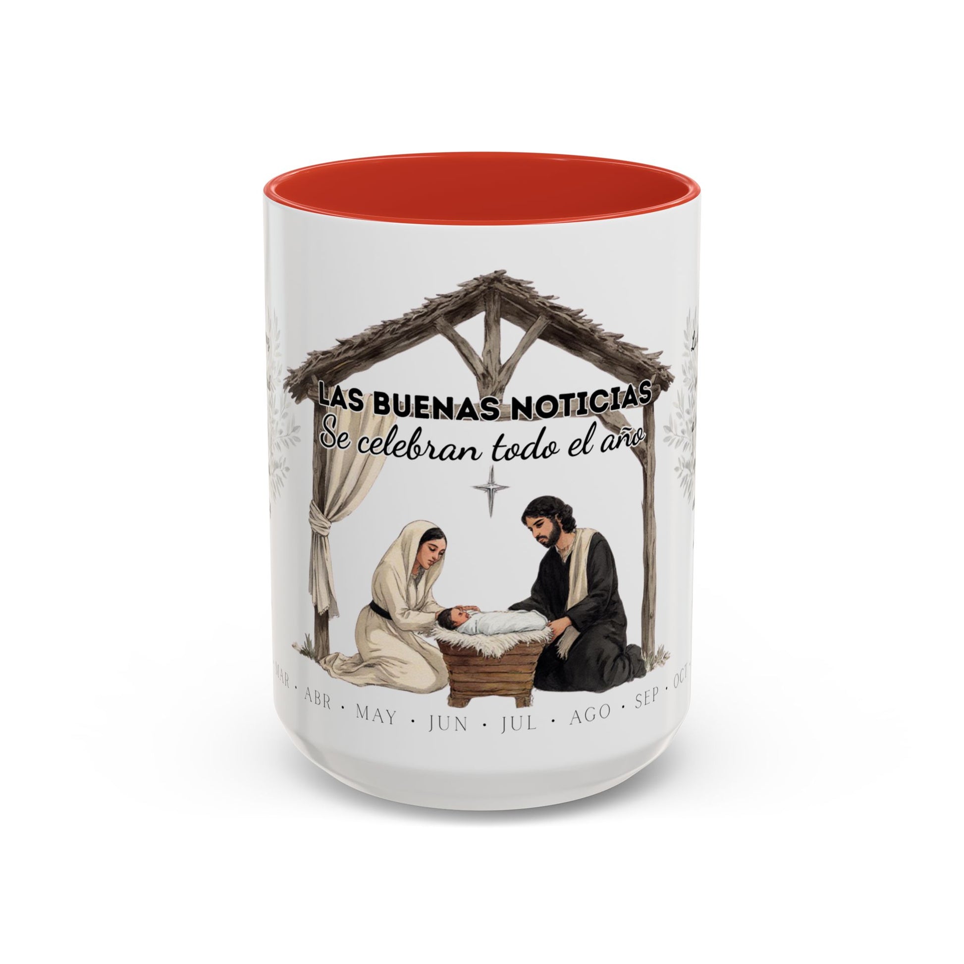 Year Round Nativity Coffee Mug — "Las Buenas Noticias se Celebran todo el Año" Watercolor Christian Christmas Mug