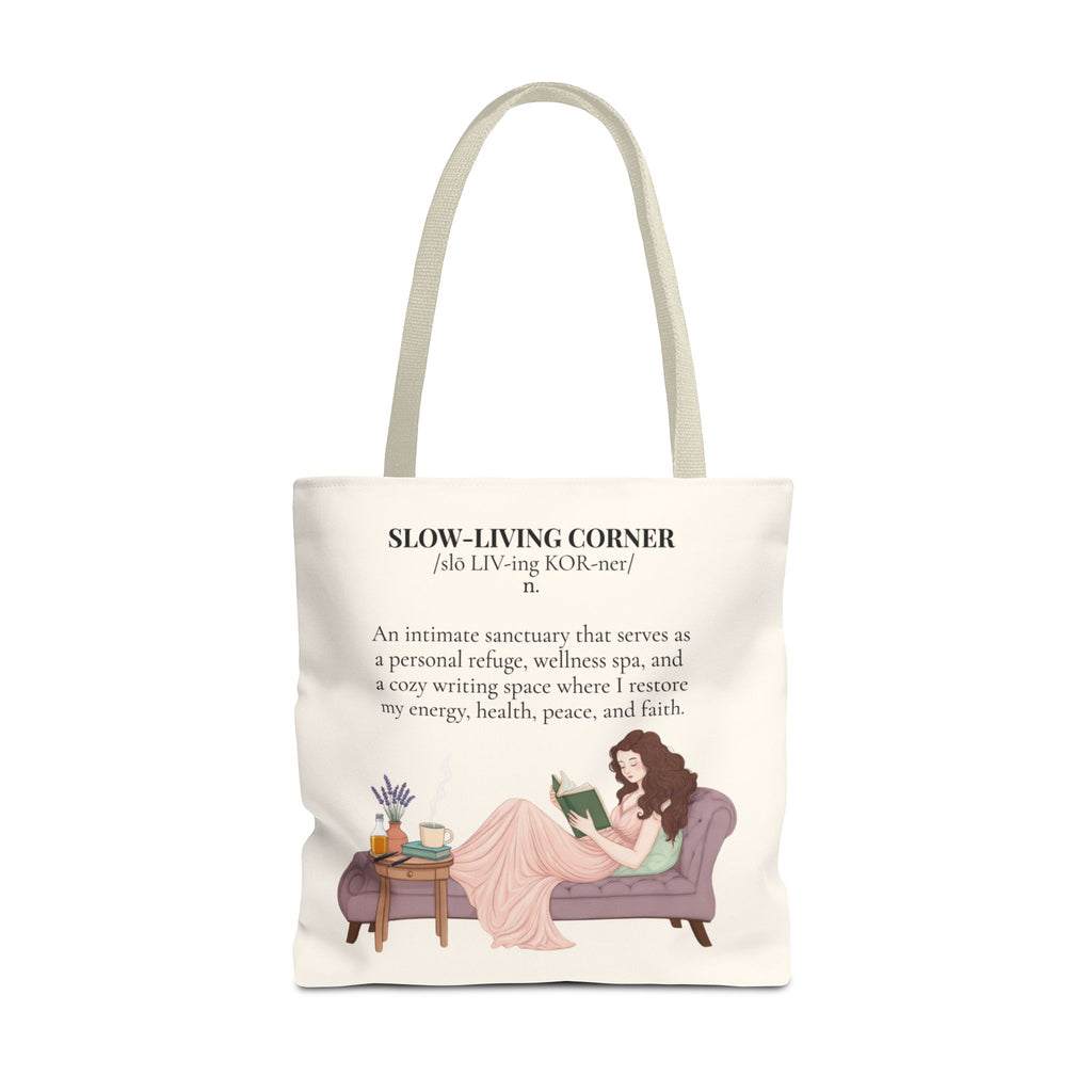 Slow-Living Corner Tote Bag — Cozy Self-Care AOP Canvas Tote with Faith Quotes