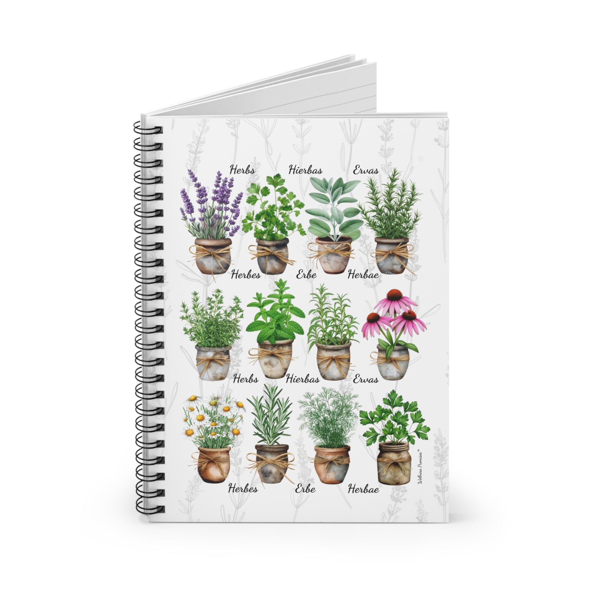 Watercolor Herb Garden Ruled Spiral Notebook - Rustic Botanical Design, Floral Journal, Cute Planner, Gift for Gardeners, Nature Lovers