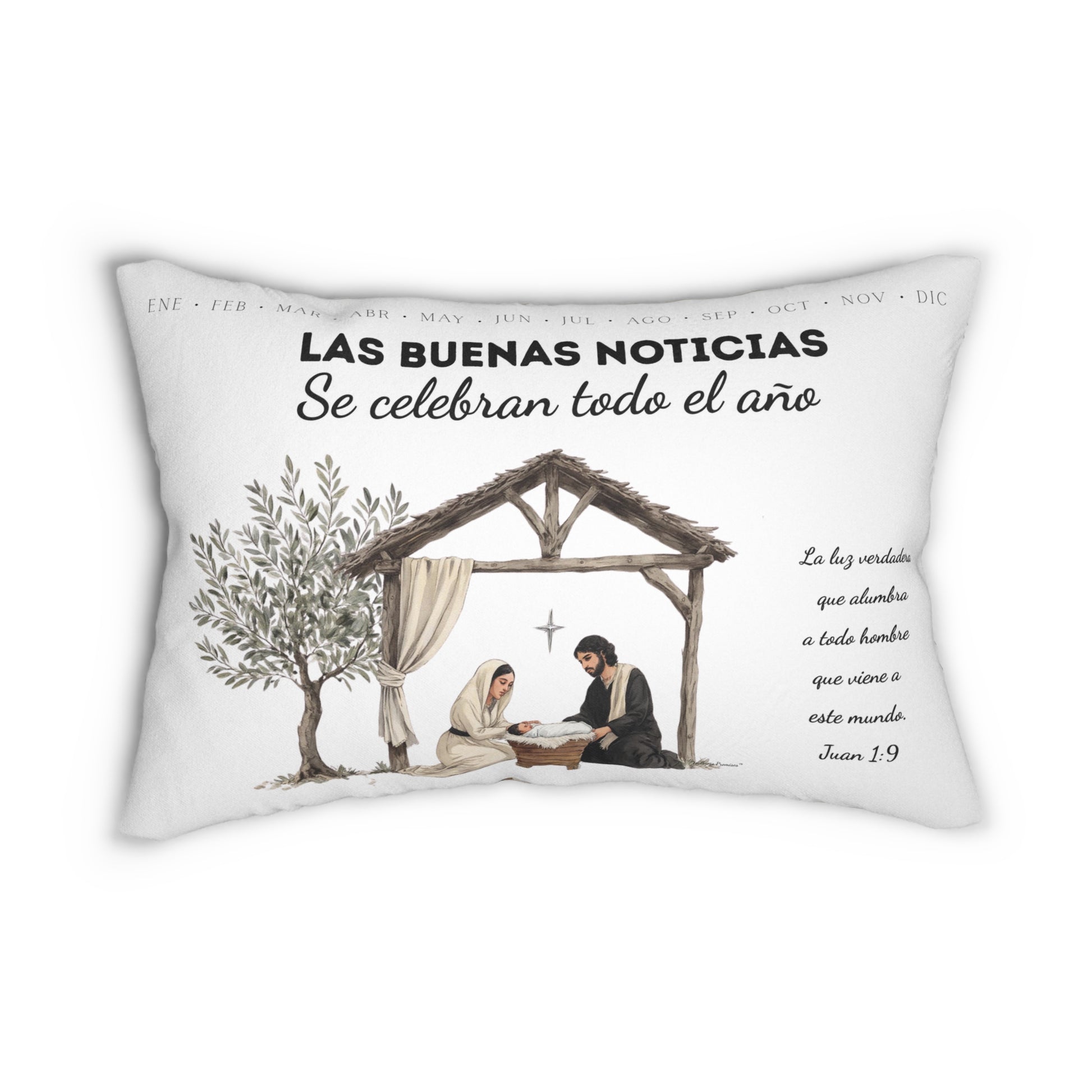 Nativity Lumbar Pillow — "Las Buenas Noticias" Spanish Year Round Christmas Decor with Bible Verse