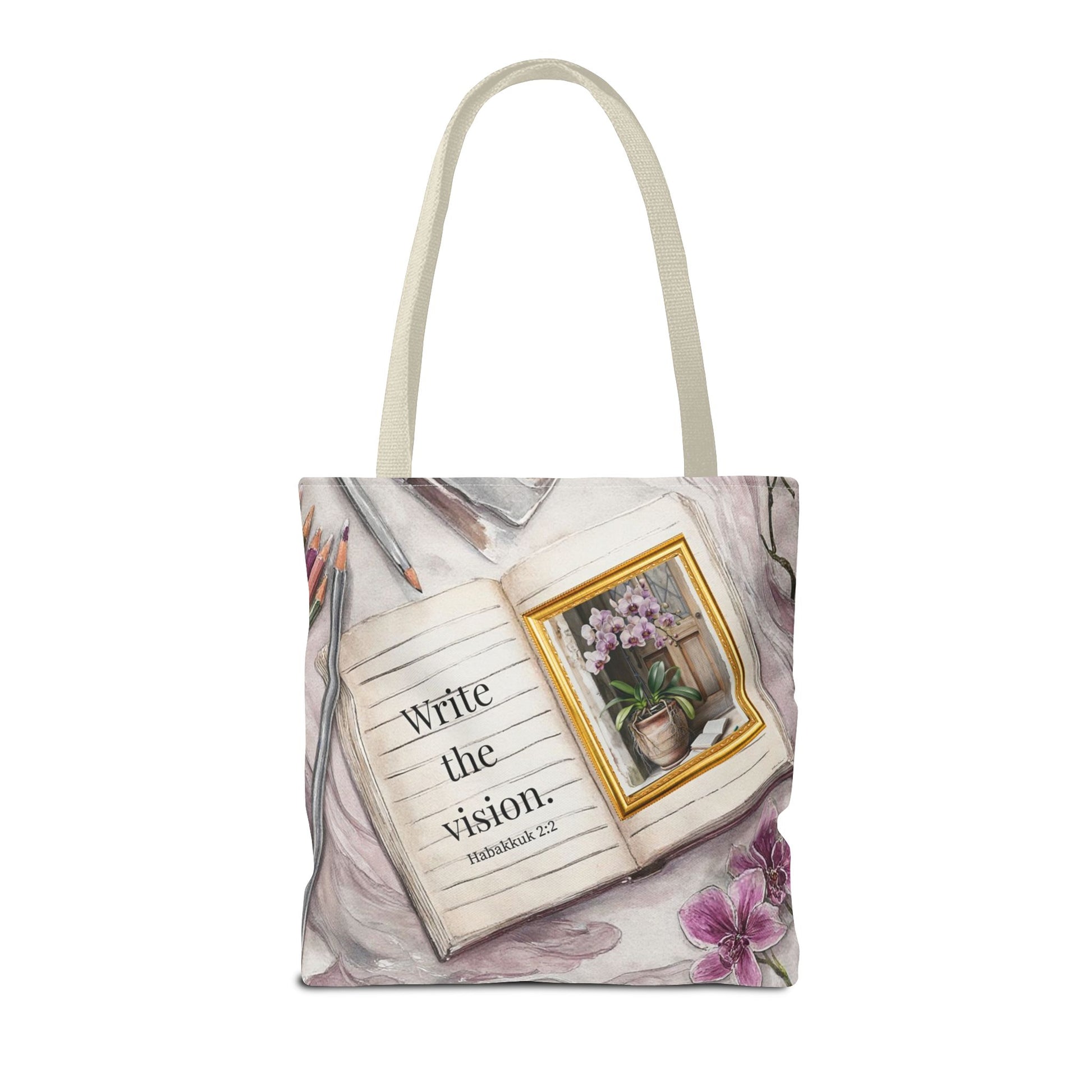 Inspirational Journal Art Tote Bag — "Write the Vision" Orchid & Bible Quote Tote