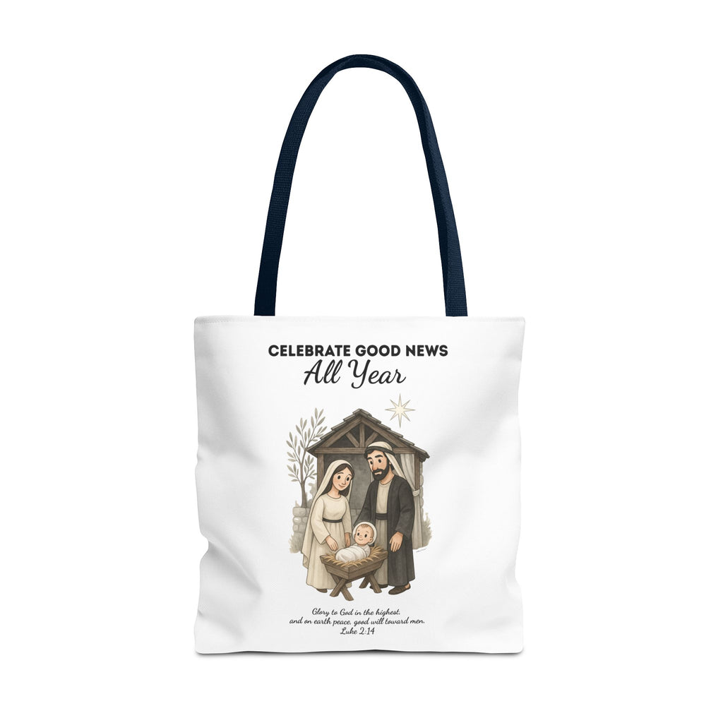 Nativity Tote Bag Year Round — (White Color) "Celebrate Good News All Year" Nativity Tote