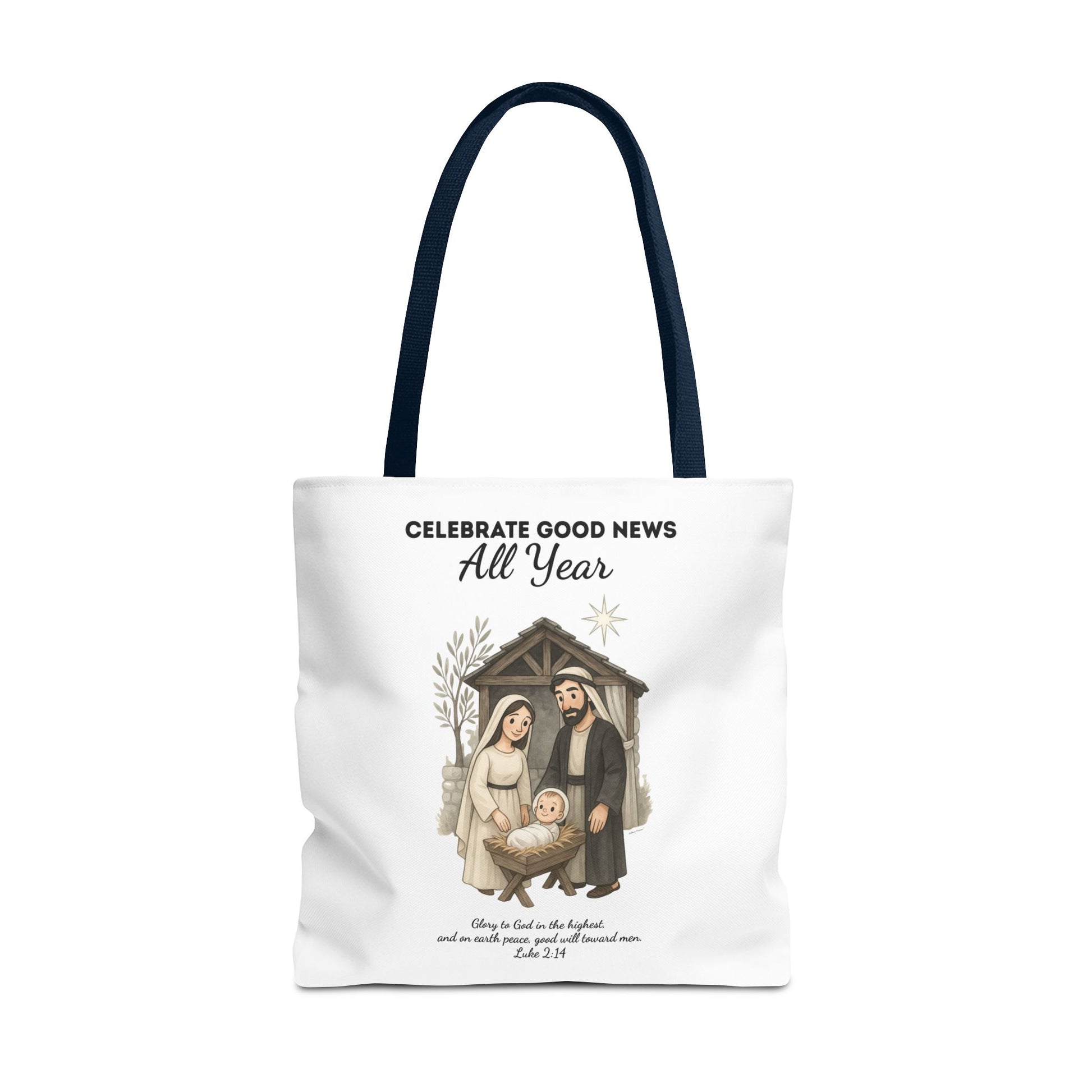 Nativity Tote Bag Year Round — (White Color) "Celebrate Good News All Year" Nativity Tote