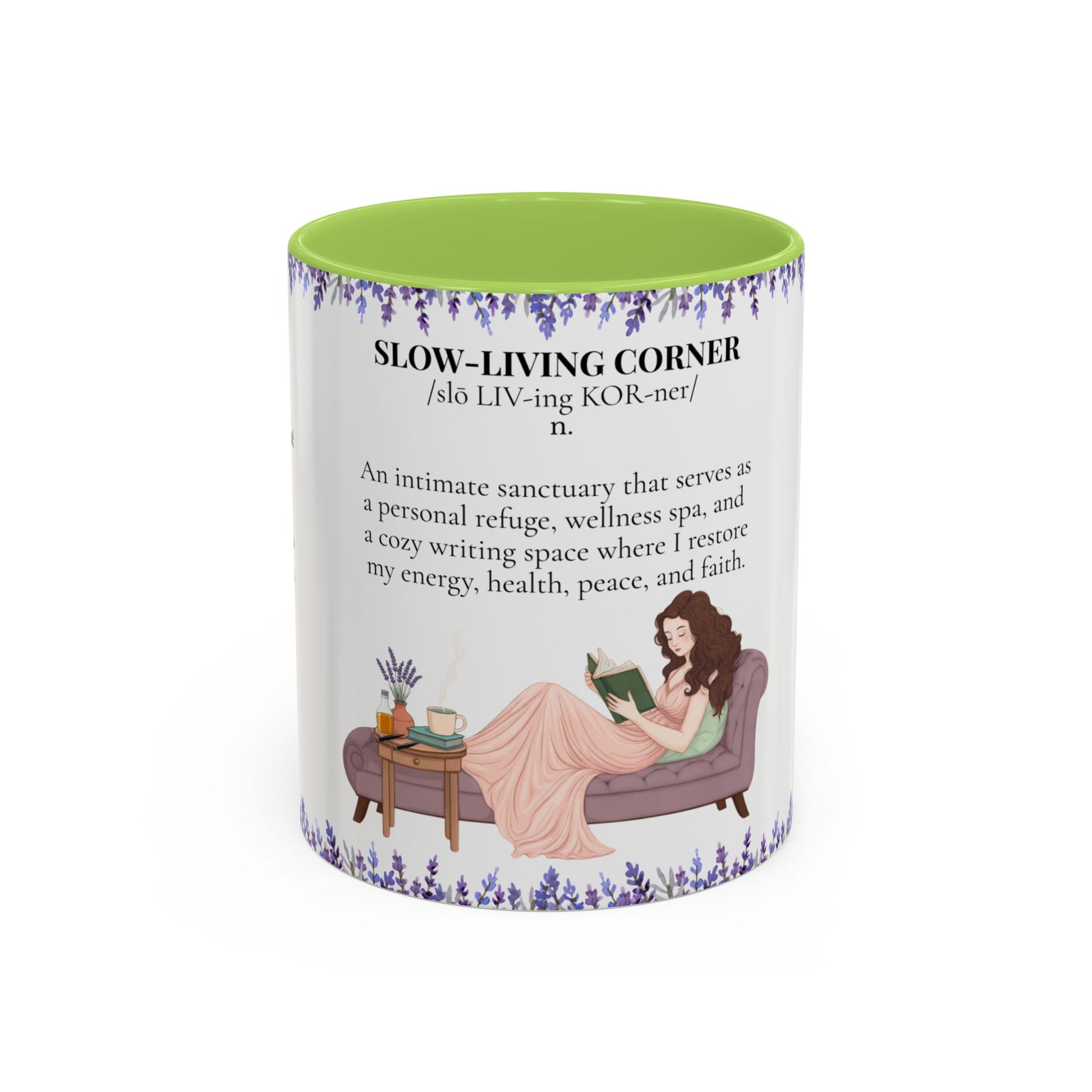 Slow-Living Corner Accent Coffee/Tea Mug — Inspirational Christian Relaxation Lavender (11/15oz)