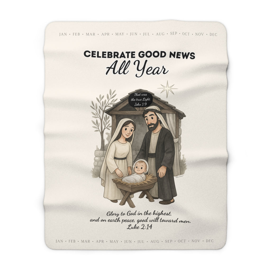 Nativity Sherpa Fleece Blanket – "Celebrate Good News All Year" Christian Christmas Throw with Luke 2:14