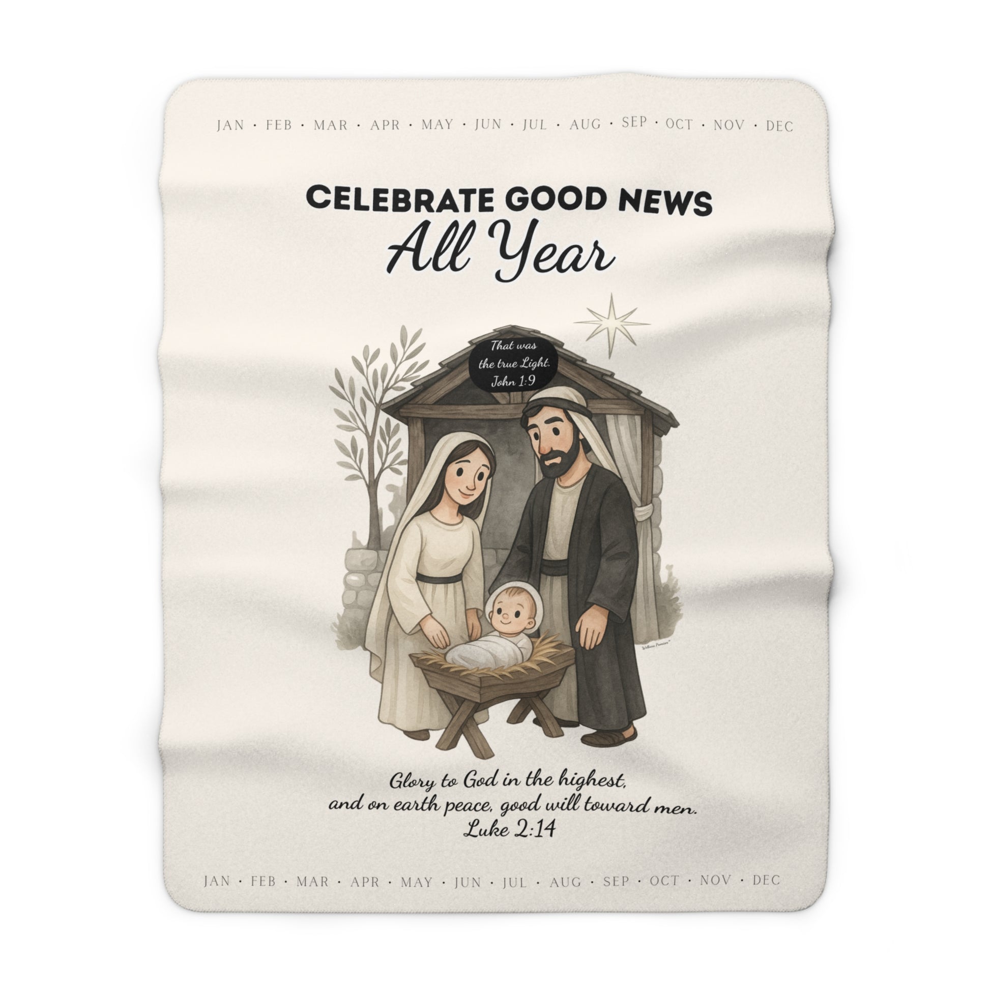 Nativity Sherpa Fleece Blanket – "Celebrate Good News All Year" Christian Christmas Throw with Luke 2:14