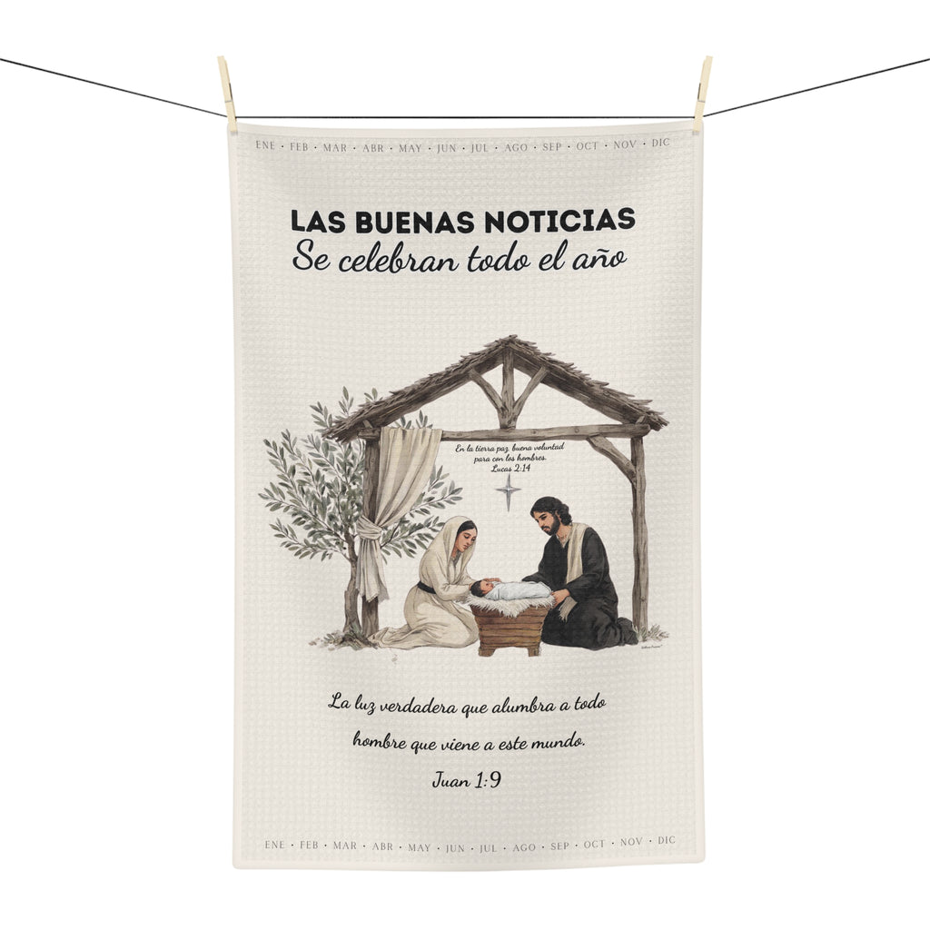 Nativity Tea Towel — (Cream Color) "Las Buenas Noticias se celebran todo el año" Year-Round Christmas Kitchen Towel