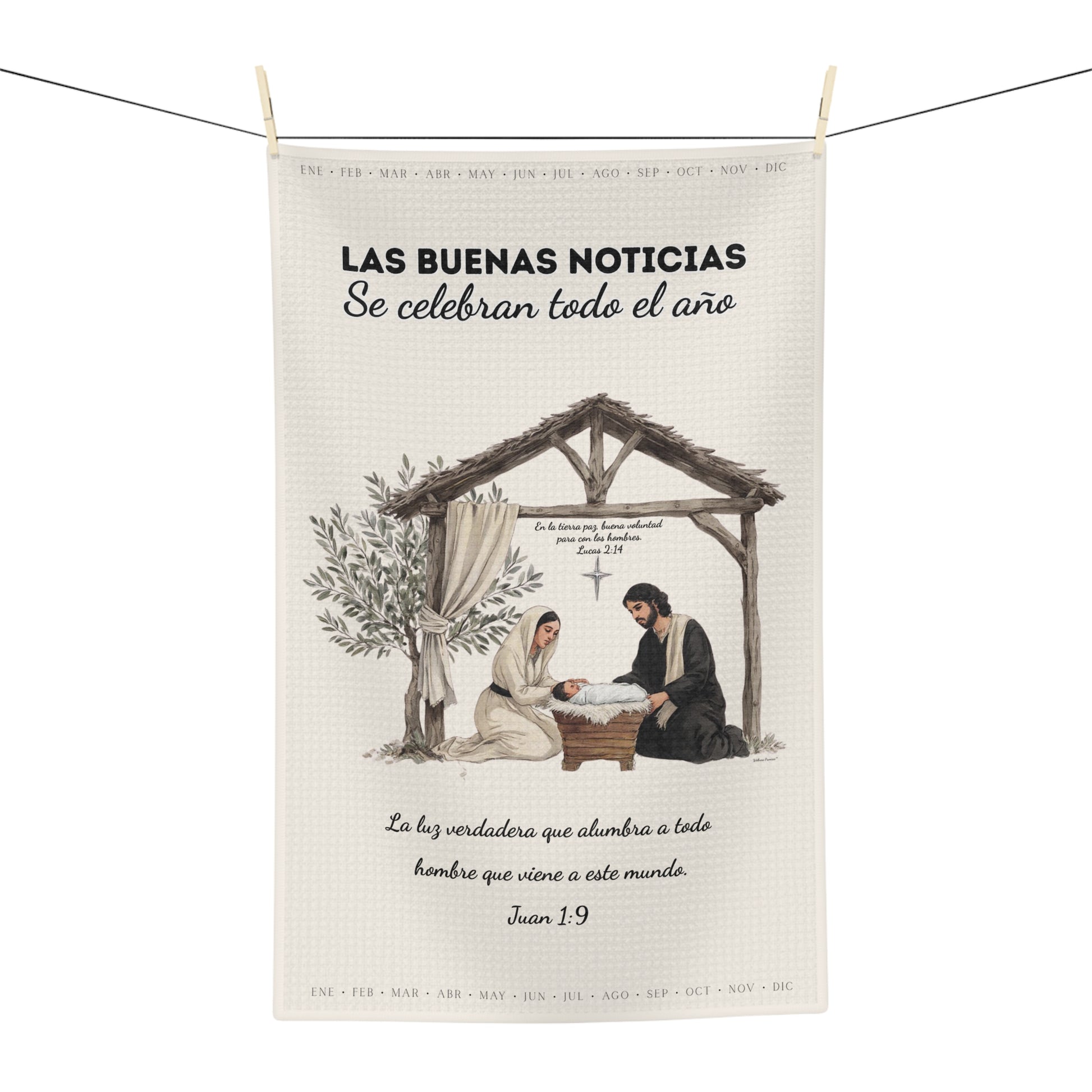 Nativity Tea Towel — (Cream Color) "Las Buenas Noticias se celebran todo el año" Year-Round Christmas Kitchen Towel