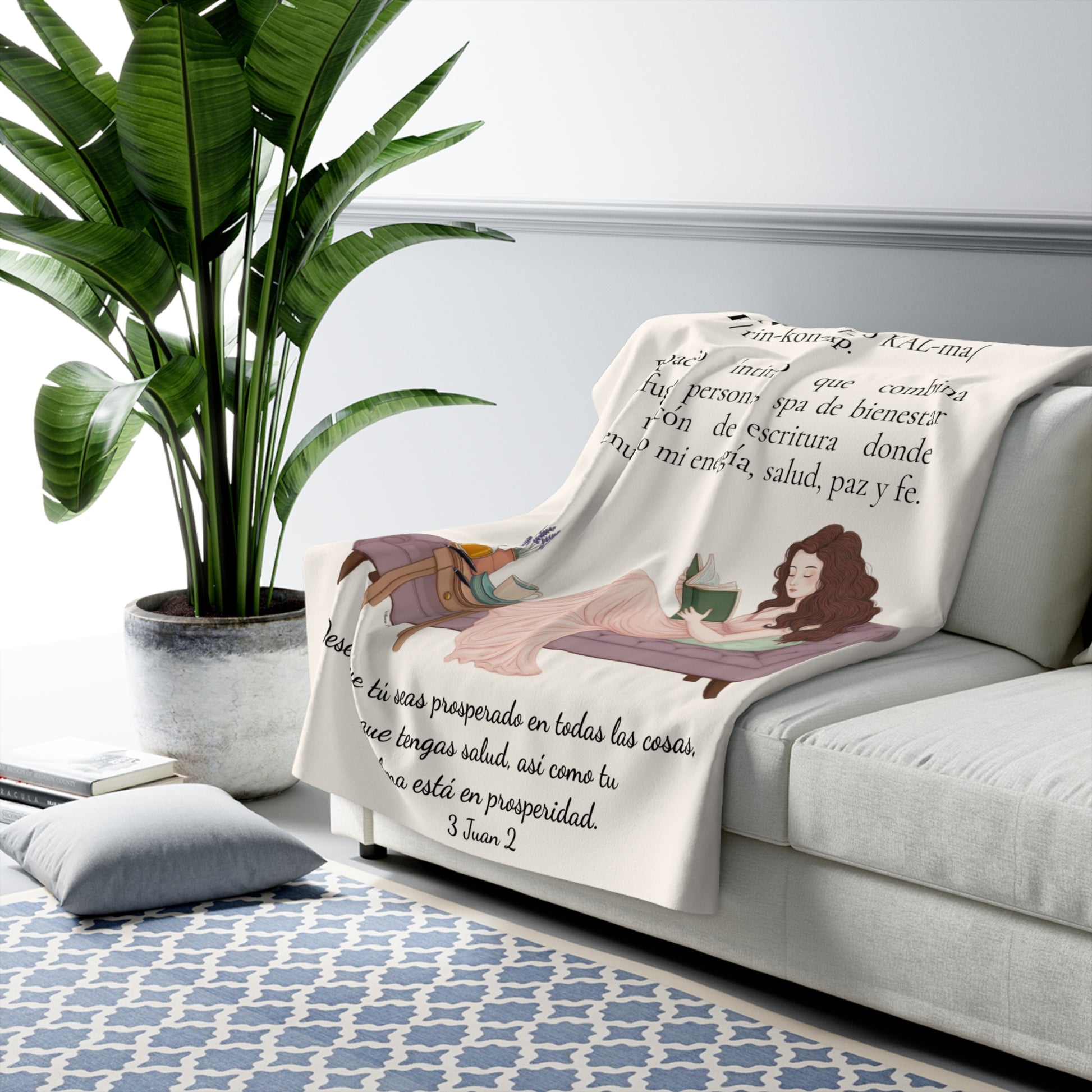 Sherpa Blanket - "Rinconcito Calma" (Green) Cozy Spanish Bible Self-Care Throw with Reading Girl Design