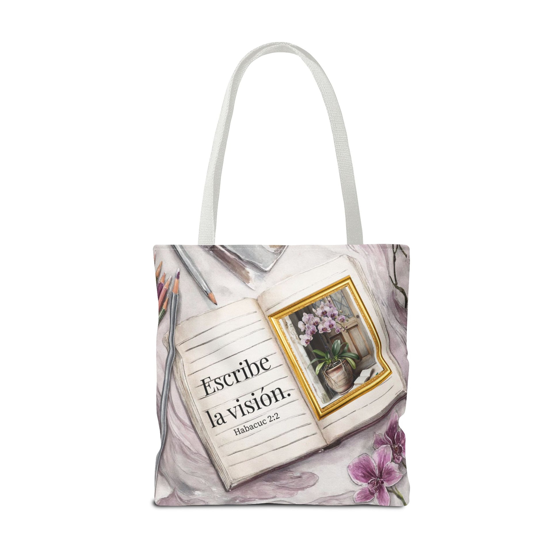 Inspirational Journal Art Tote Bag — "Escribe la Visión" Orchid & Bible Quote Tote (Spanish)