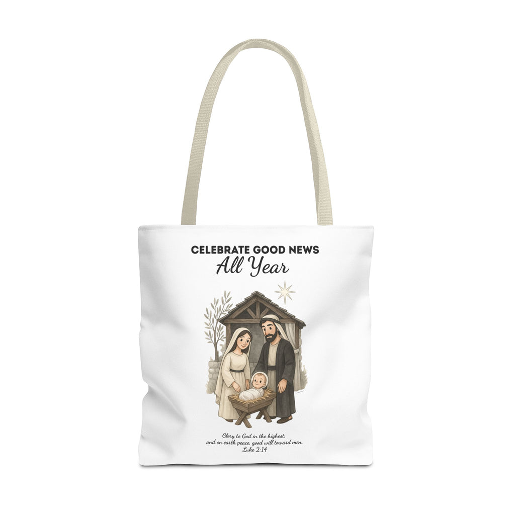 Nativity Tote Bag Year Round — (White Color) "Celebrate Good News All Year" Nativity Tote