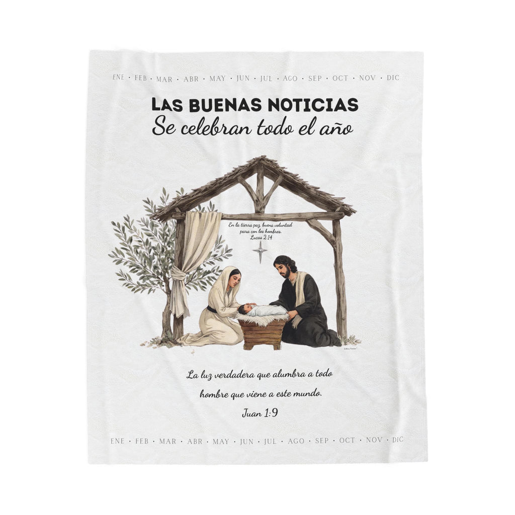 Nativity Year Round Velveteen Blanket - (White Color)  "Las Buenas Noticias" Spanish Nativity Throw