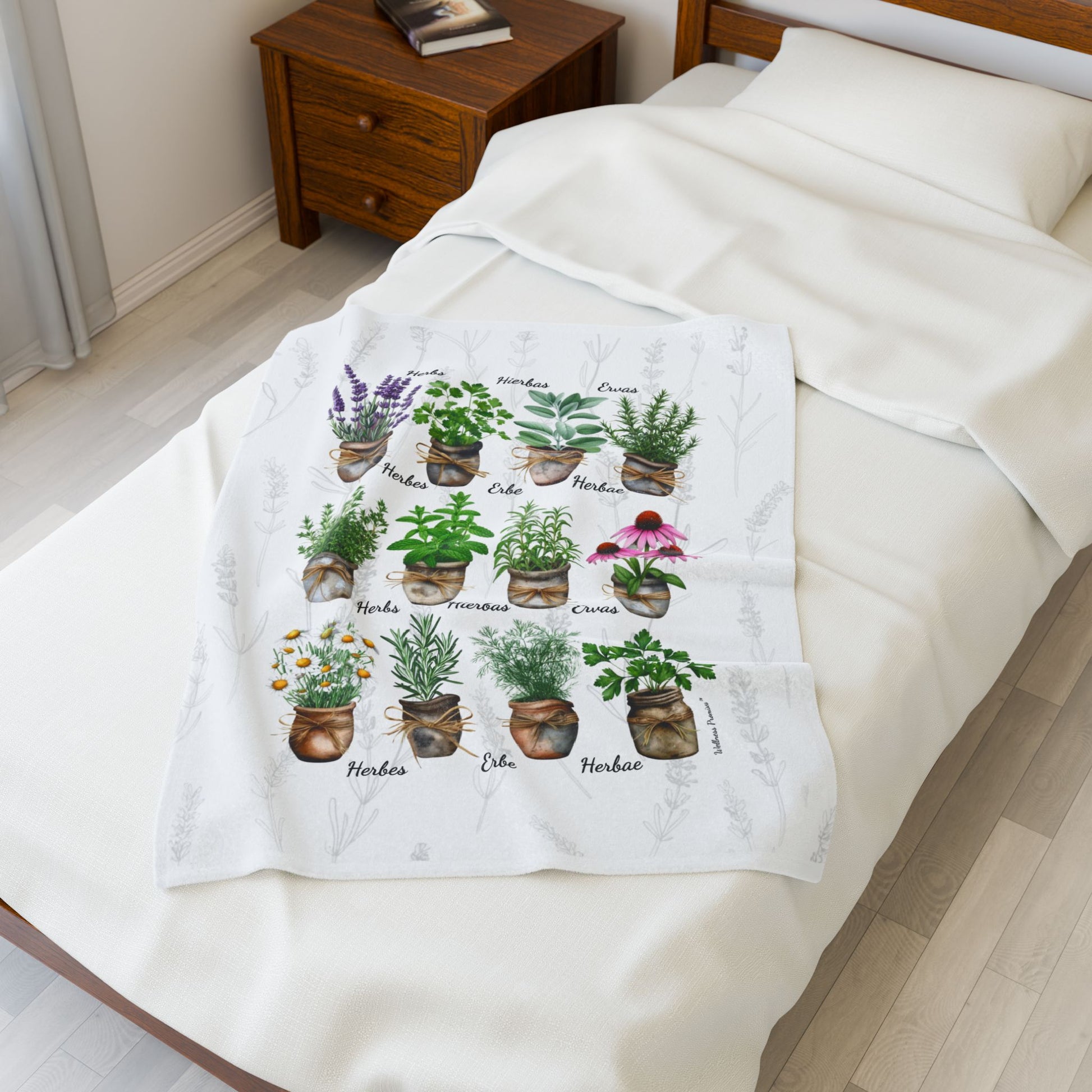 6 Languages Herbal Wellness Watercolor Velveteen Plush Blanket | Cozy Home Decor, Perfect Gift for Gardeners, Plant Lovers, Housewarming, Relaxing Evenings