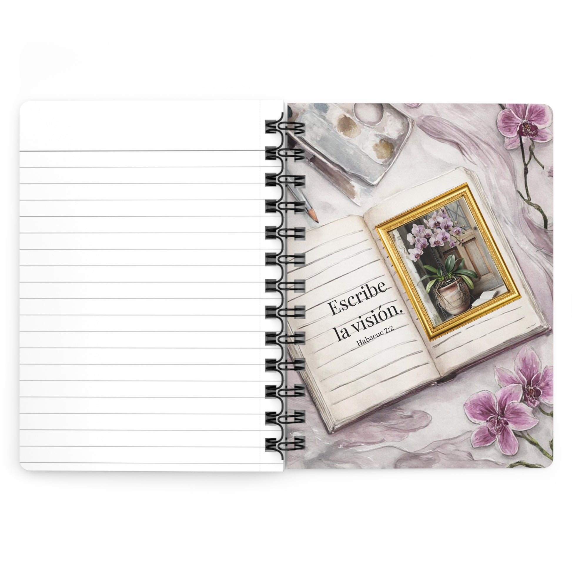 'Escribe la Visión' Orchid Spanish Spiral Journal — Faith Christian Notebook (Scripture: Habakkuk 2:2)