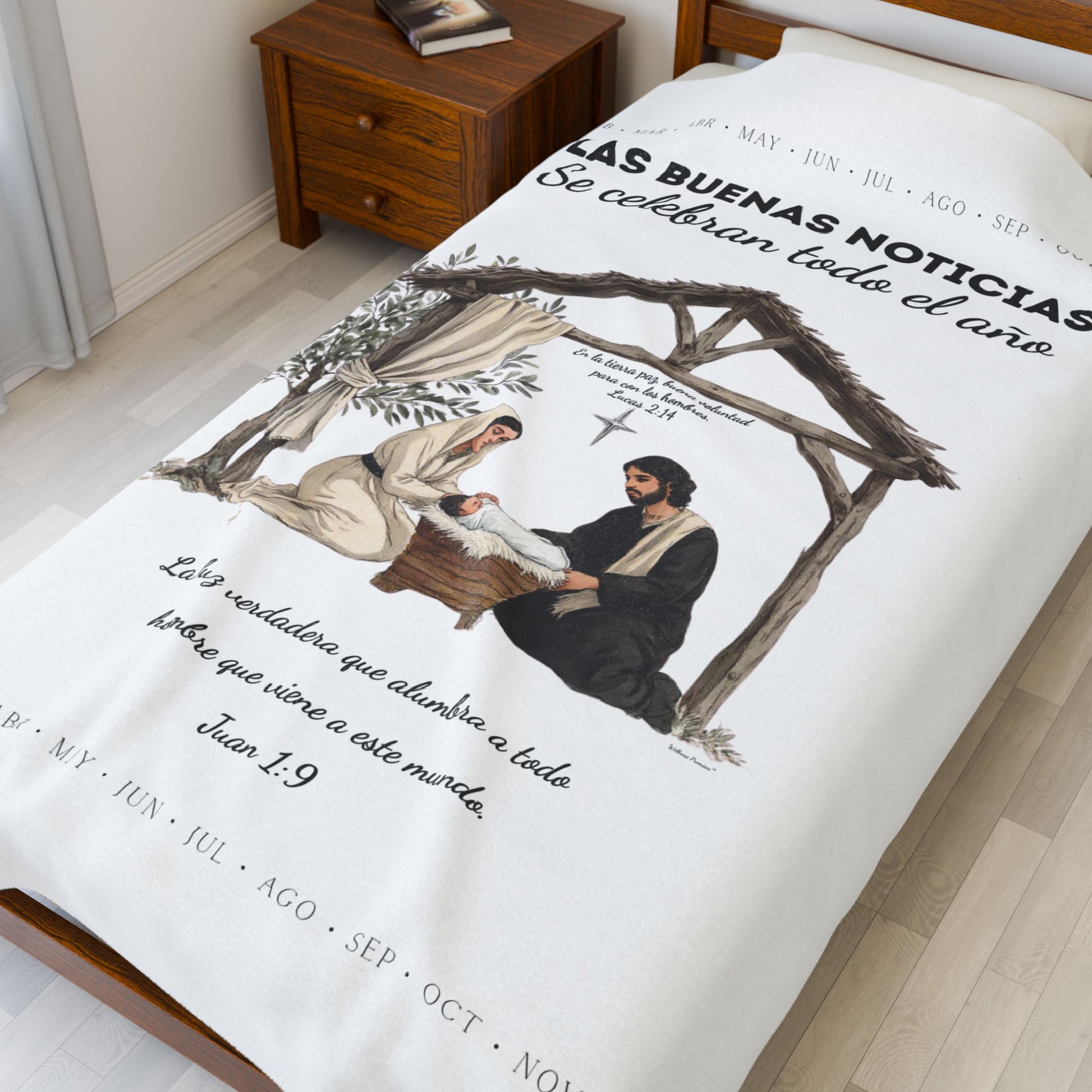 Nativity Year Round Velveteen Blanket - (White Color)  "Las Buenas Noticias" Spanish Nativity Throw