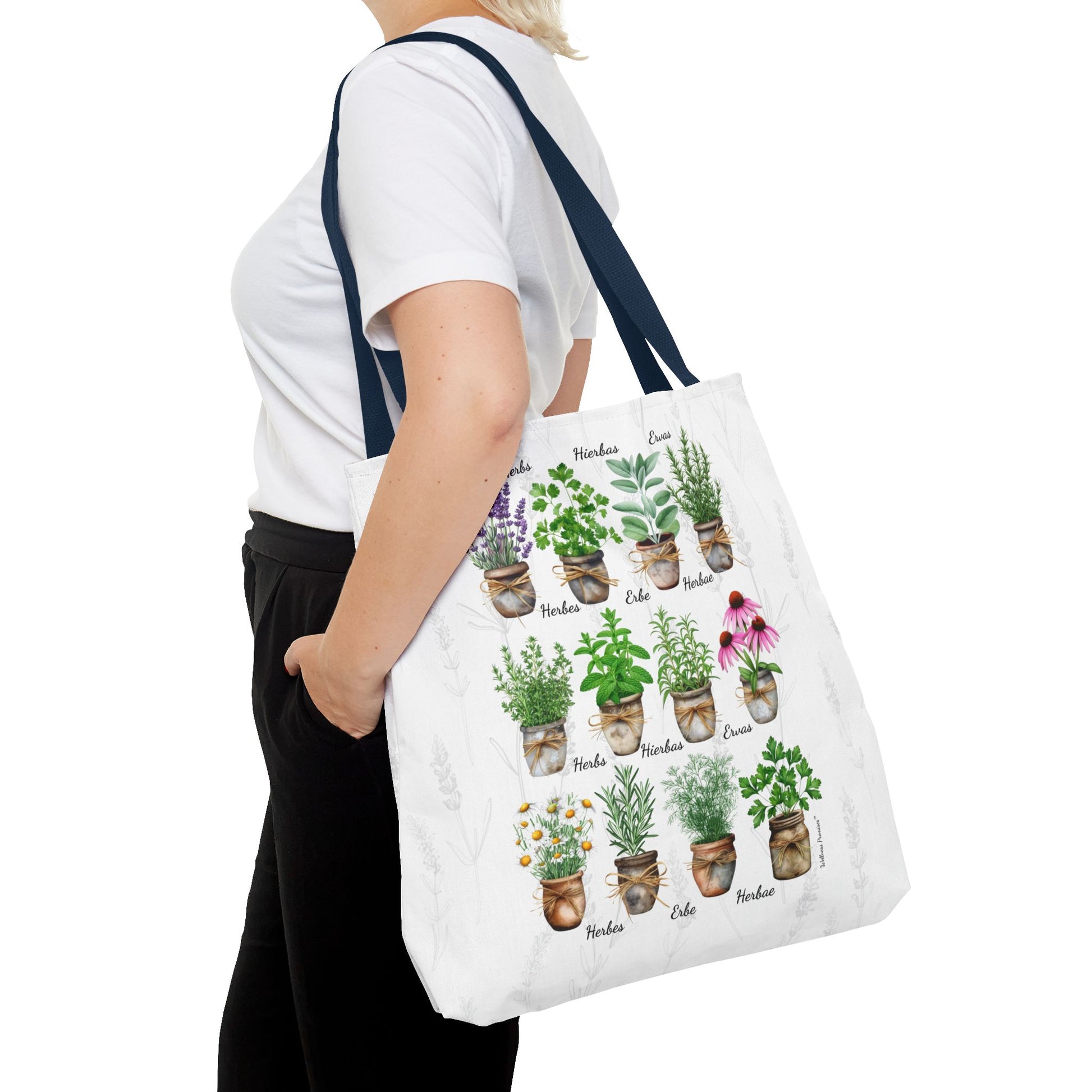 6 Language Watercolor Herbal Garden Tote Bag | Botanical Shopping Tote | Eco-Friendly Grocery Bag, Plant Lover Gift, Garden Decor, Mothers Day